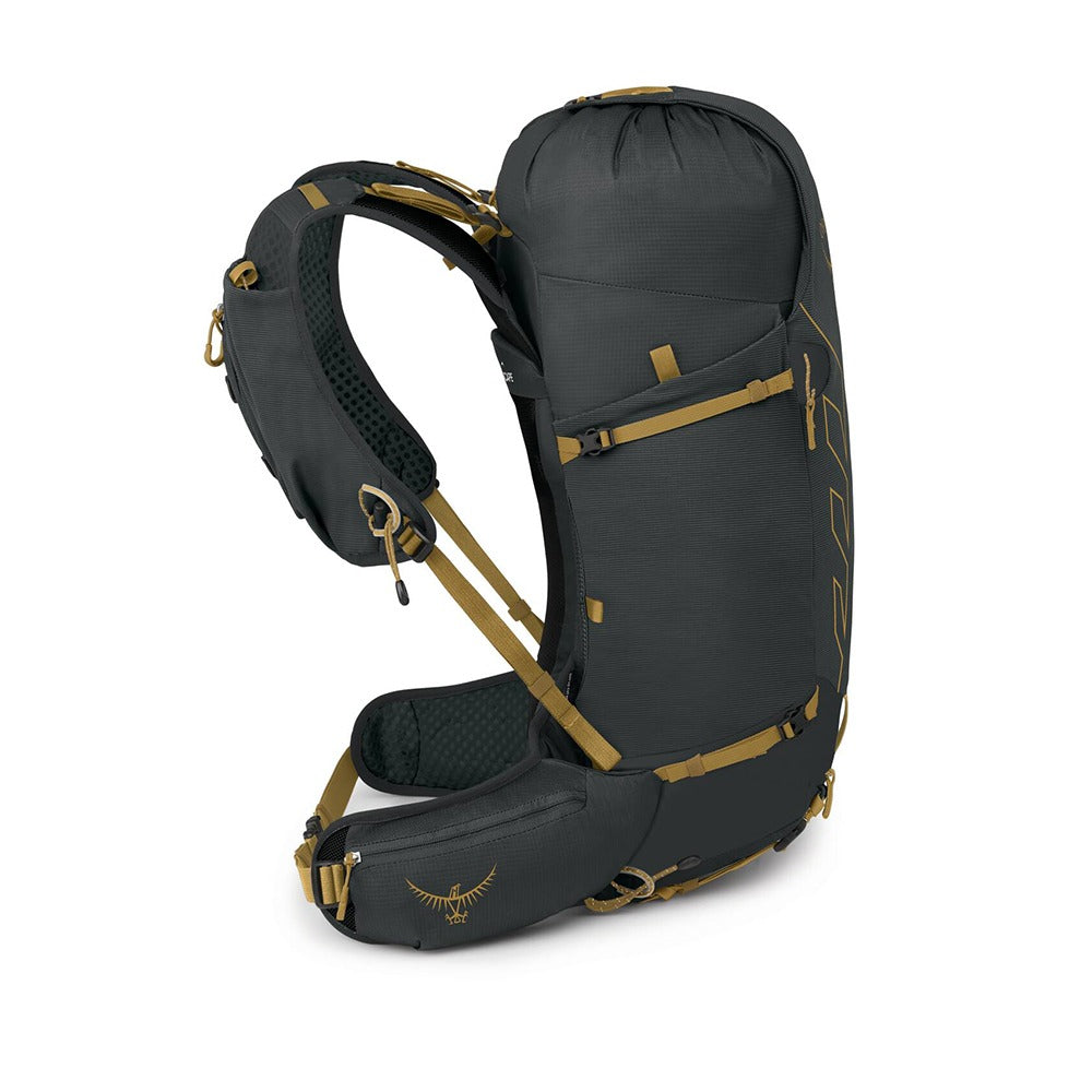 Osprey Talon Velocity 30 Hiking Backpack 30L in Dark Charcoal Tumbleweed Yellow — angle view 8