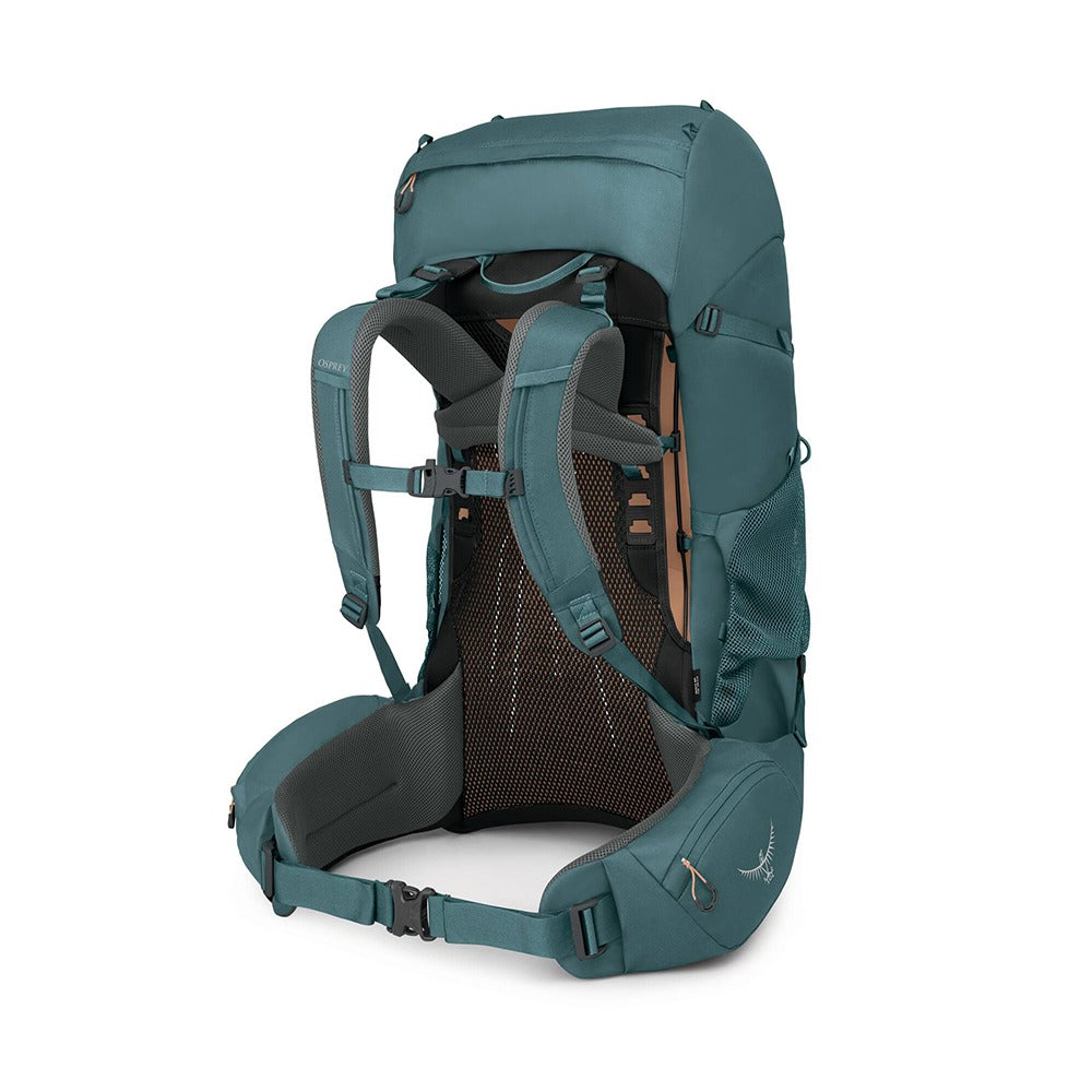 Osprey Renn 65 Extended Fit Backpacking Pack 65L in Cascade Blue/Melon Orange — back view