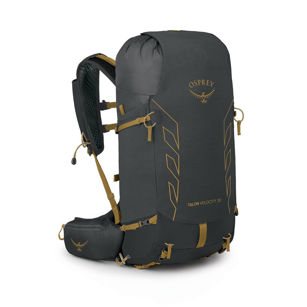 Osprey Talon Velocity 30 Hiking Backpack 30L in Dark Charcoal Tumbleweed Yellow — angle view 7