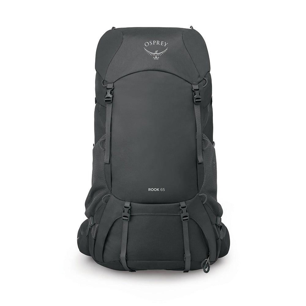 Osprey Rook 65 Backpacking Pack 65L in Dark Charcoal/Silver Lining — front view
