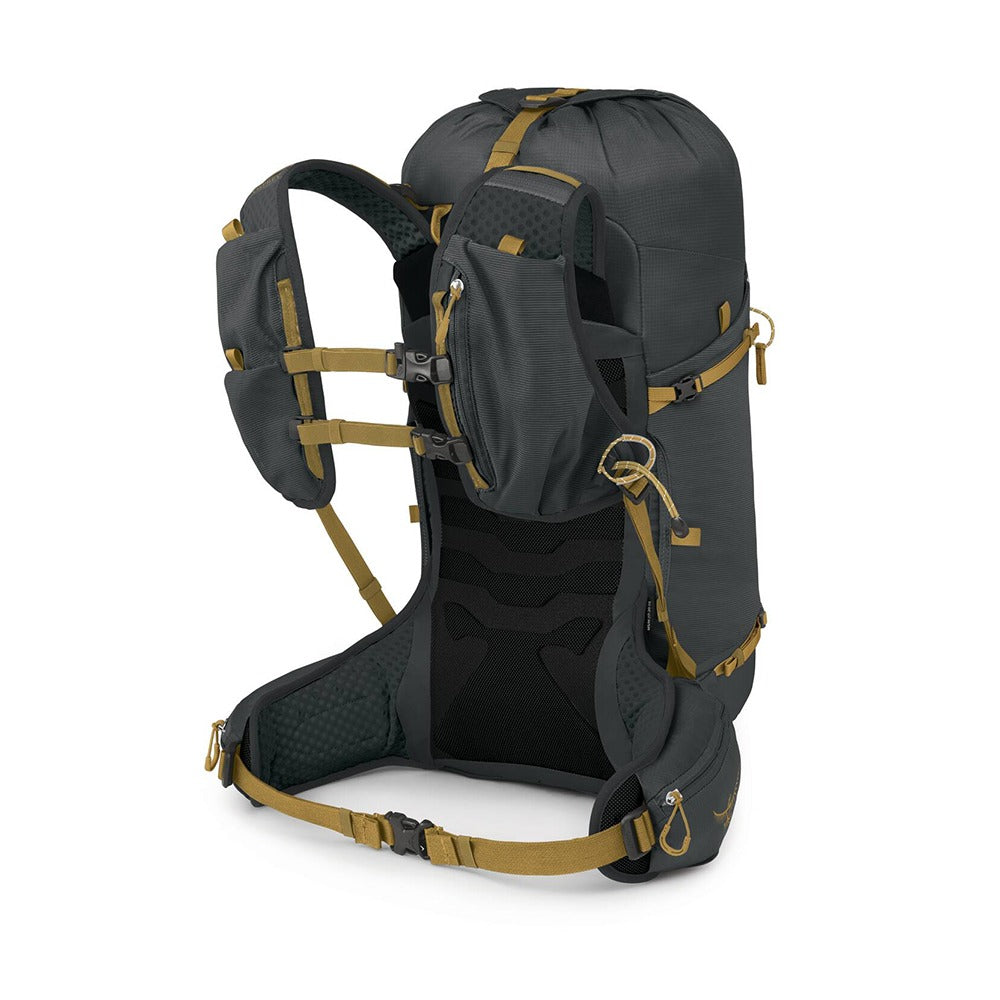 Osprey Talon Velocity 30 Hiking Backpack 30L in Dark Charcoal Tumbleweed Yellow — angle view 4