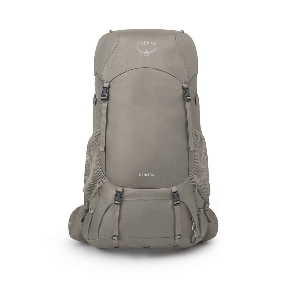 Osprey Renn 50 Women's Backpacking Pack 50L in Pediment Grey/Linen Tan — front view