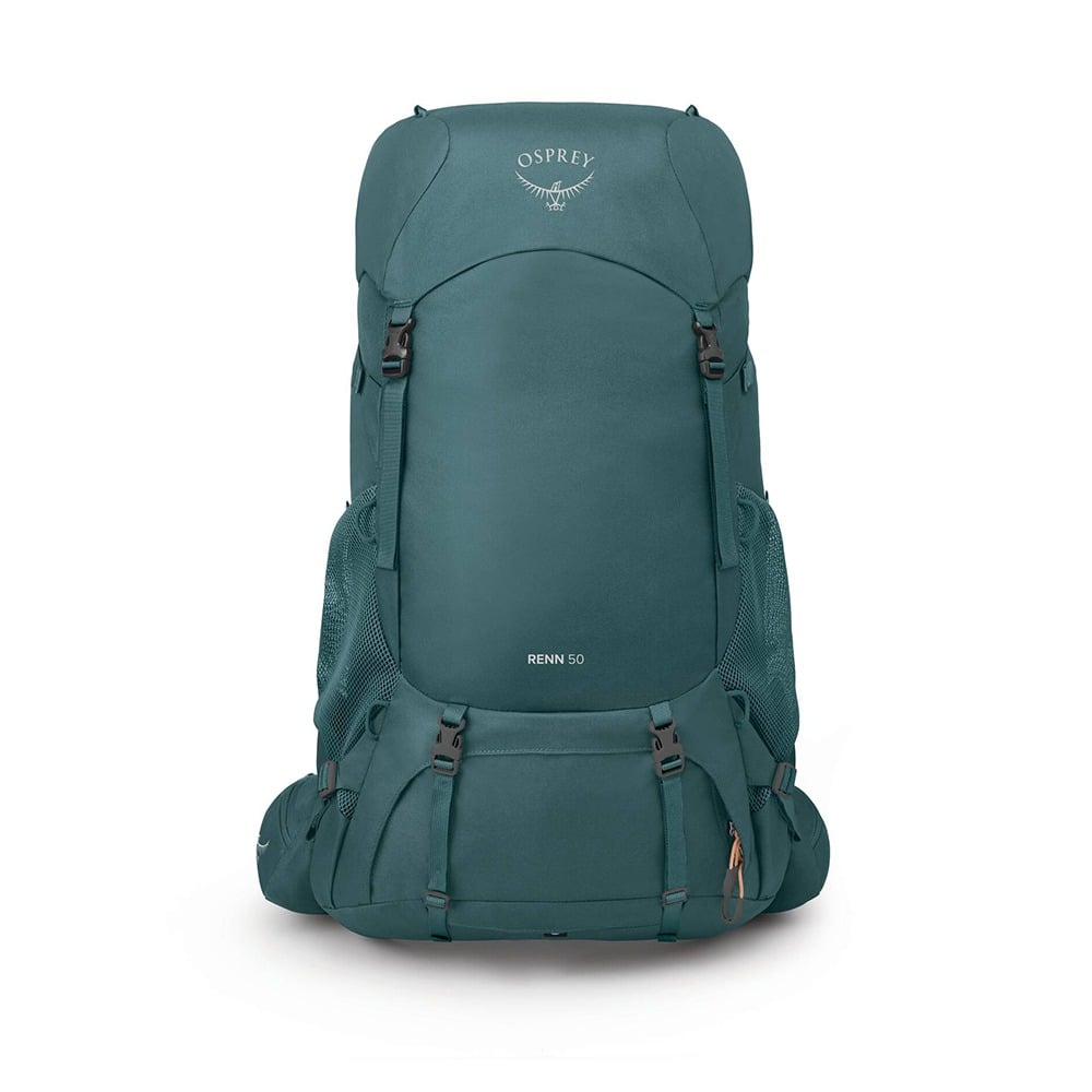 Osprey Renn 50 Women's Backpacking Pack 50L in Cascade Blue/Melon Orange — back view