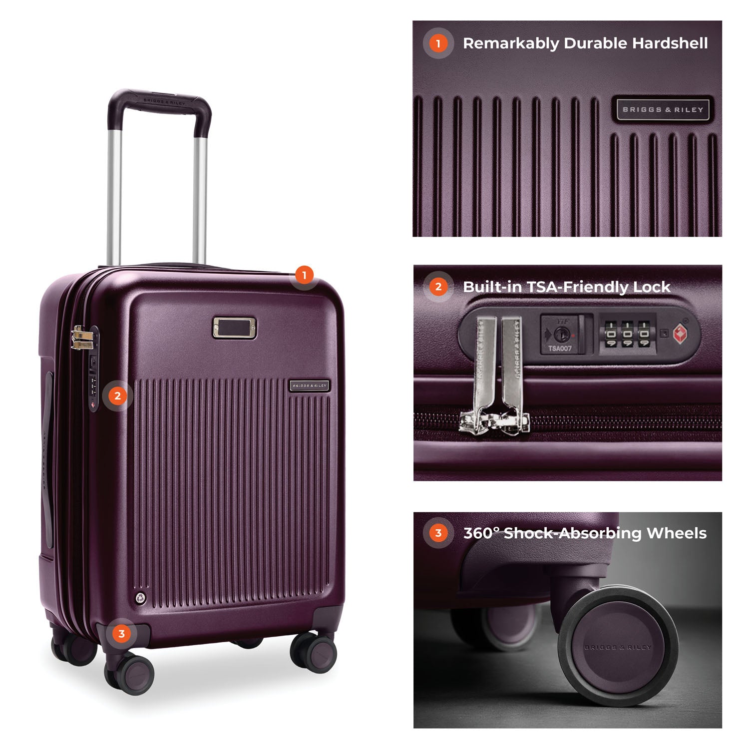 Briggs & Riley Sympatico Global 21" Carry-On Expandable Spinner in Plum — detail view # color_Plum