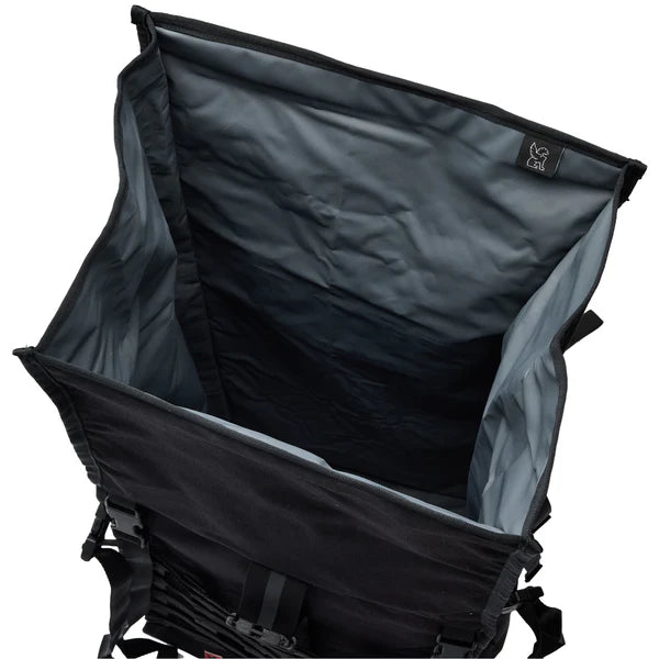 Chrome Industries Barrage Pro Pack 80L backpack – black, rolltop main compartment open