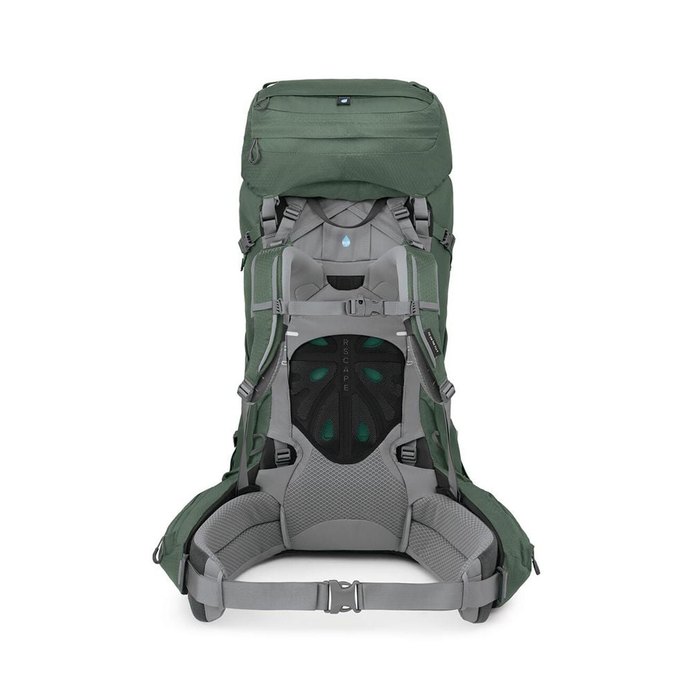 Osprey Ariel 65 Extended Fit Women's Hiking Backpack 65L in Koseret Green — angle view 3