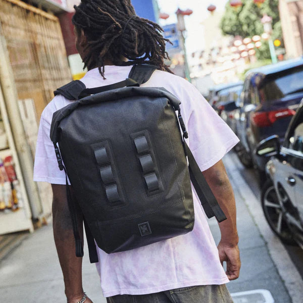 Chrome Industries Urban Ex Rolltop 20L backpack – person wearing the backpack
