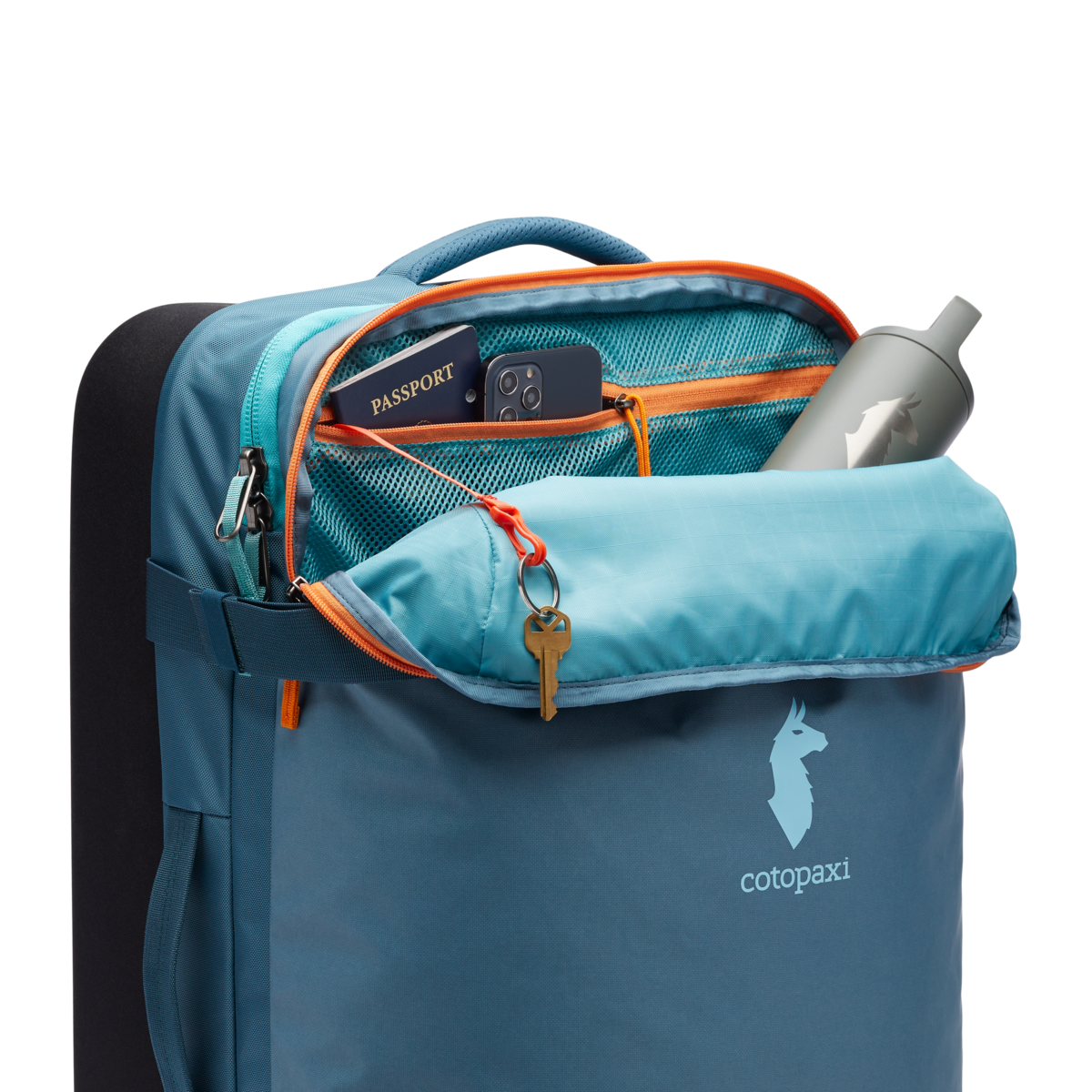 Cotopaxi Allpa 65L Roller Bag in Blue Spruce — interior view