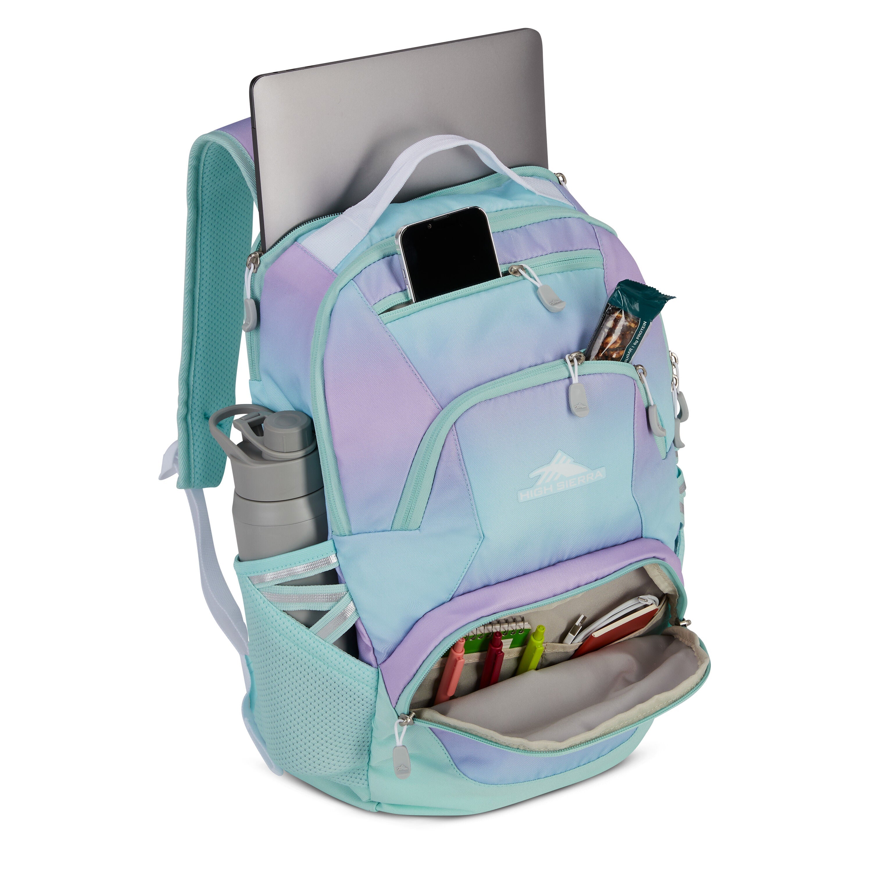 High Sierra Swoop SG Backpack in Linear Ombre Purple Blue — interior view # color_Linear Ombre Purple Blue