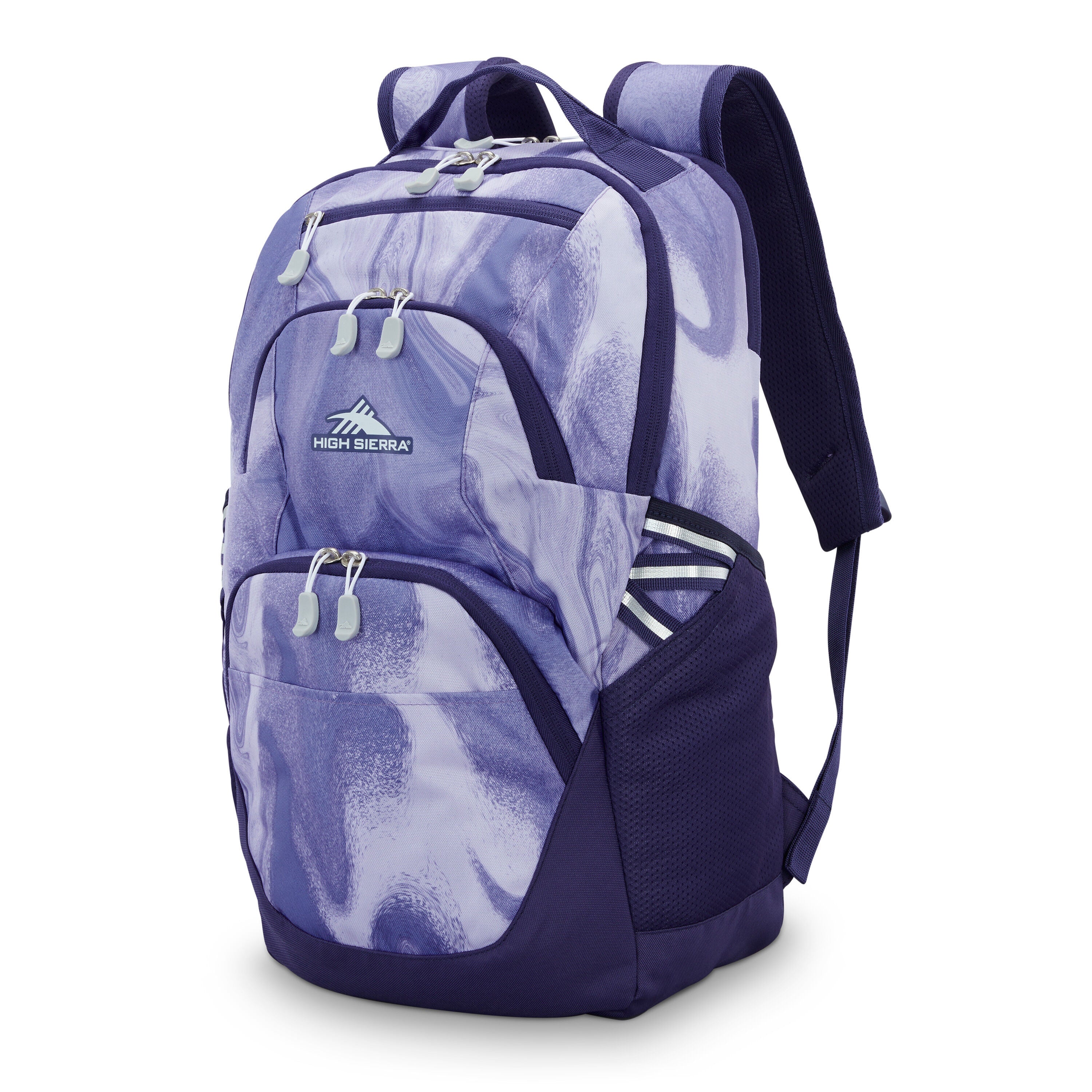 High Sierra Swoop SG Backpack in Purple Marble Swirl — front view # color_Purple Marble Swirl
