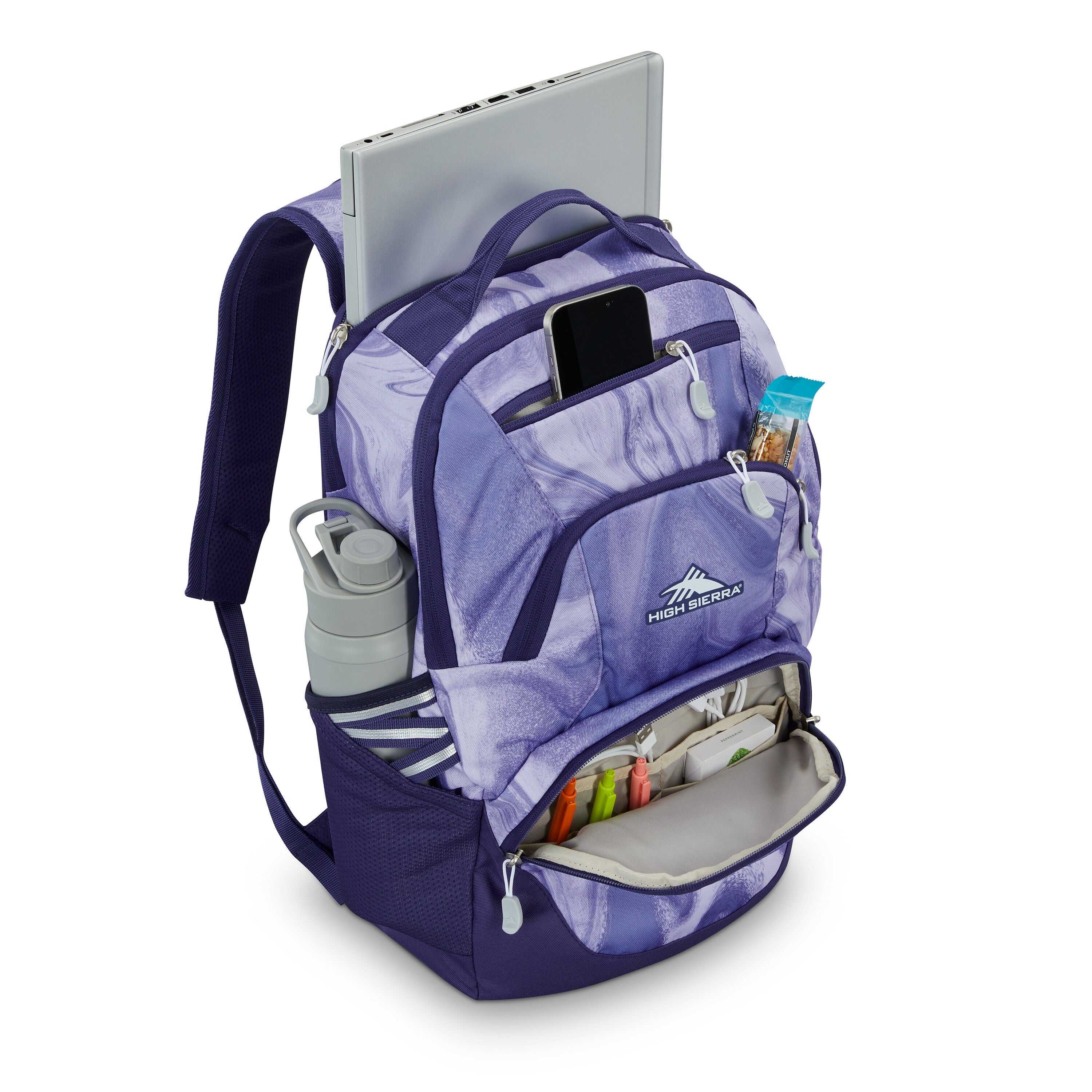 High Sierra Swoop SG Backpack in Purple Marble Swirl — interior view # color_Purple Marble Swirl