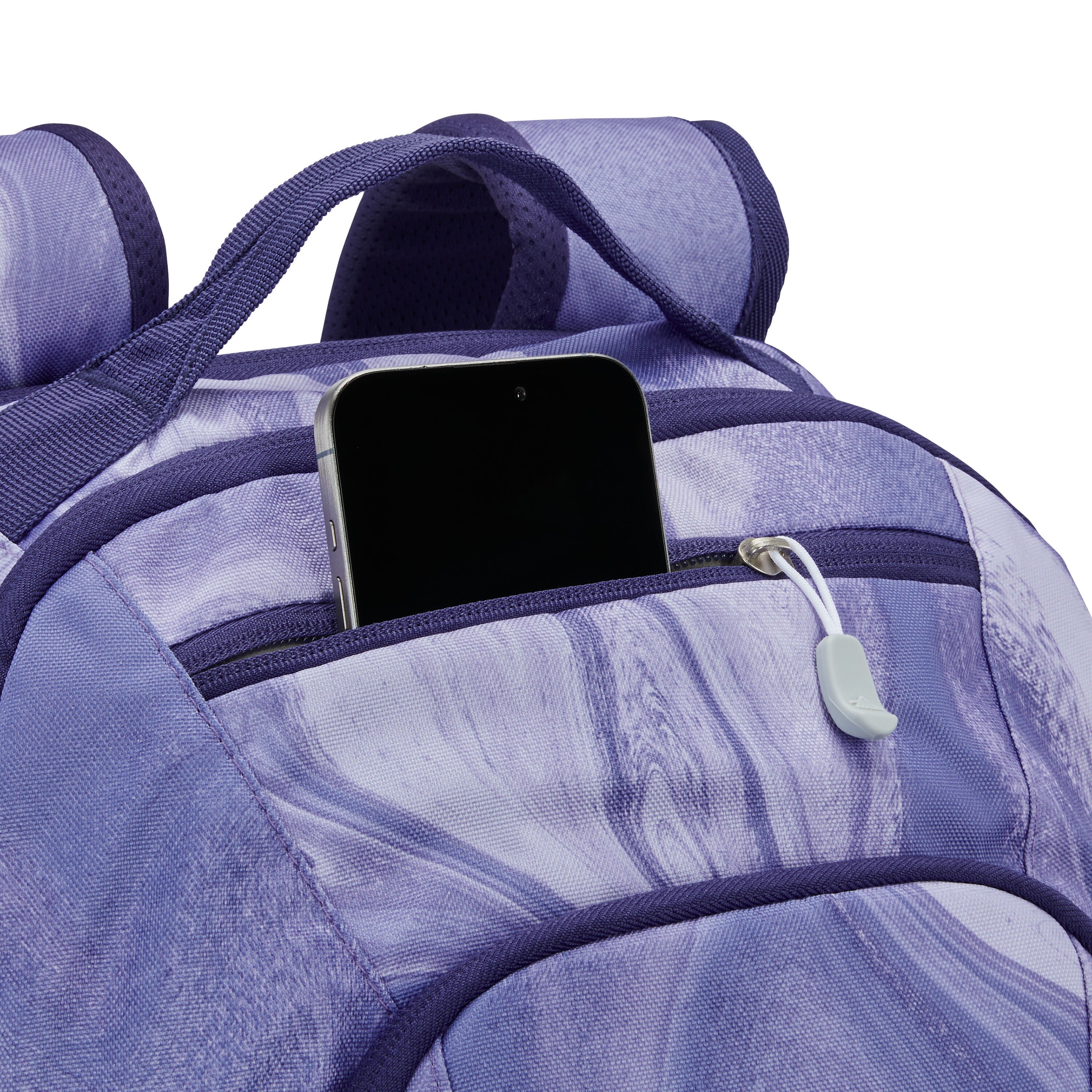 High Sierra Swoop SG Backpack in Purple Marble Swirl — detail view # color_Purple Marble Swirl