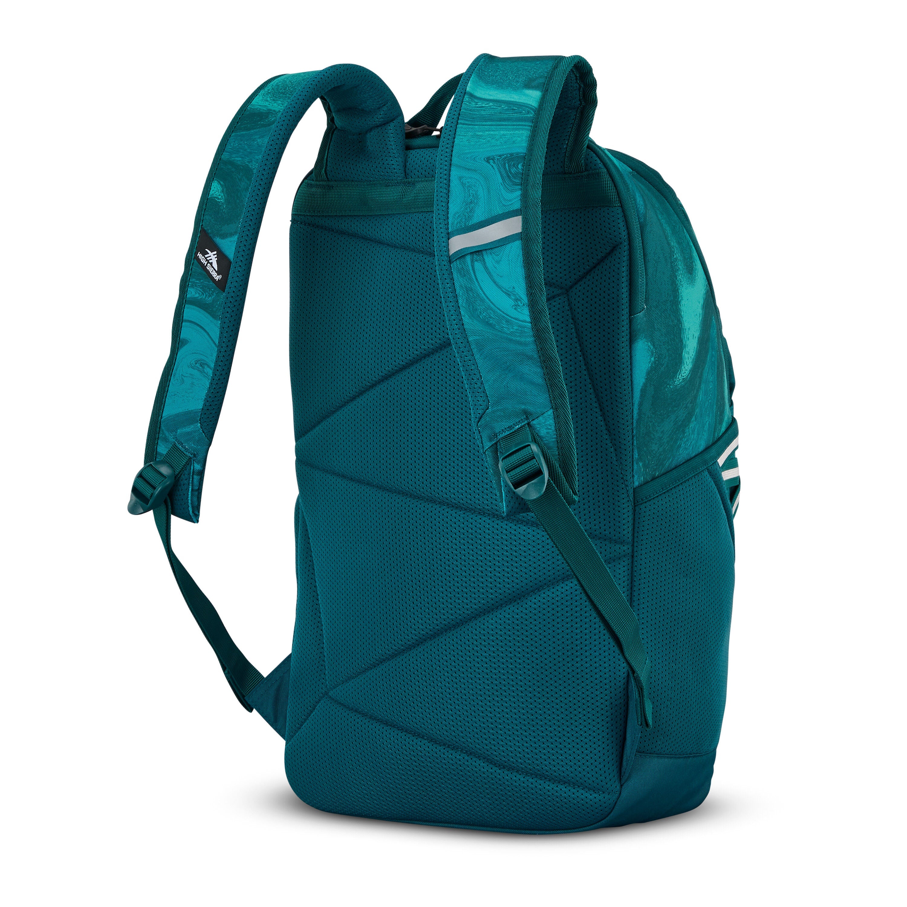 High Sierra Swoop SG Backpack in Teal Marble Swirl — back view # color_Teal Marble Swirl