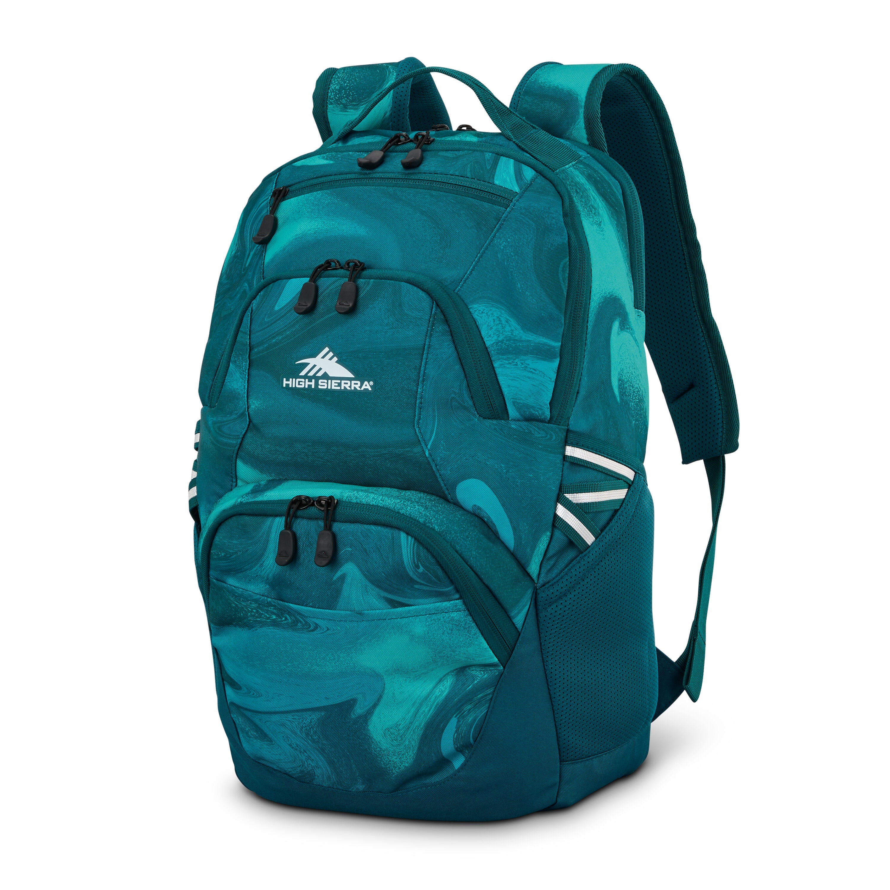 High Sierra Swoop SG Backpack in Teal Marble Swirl — angle view 2 # color_Teal Marble Swirl