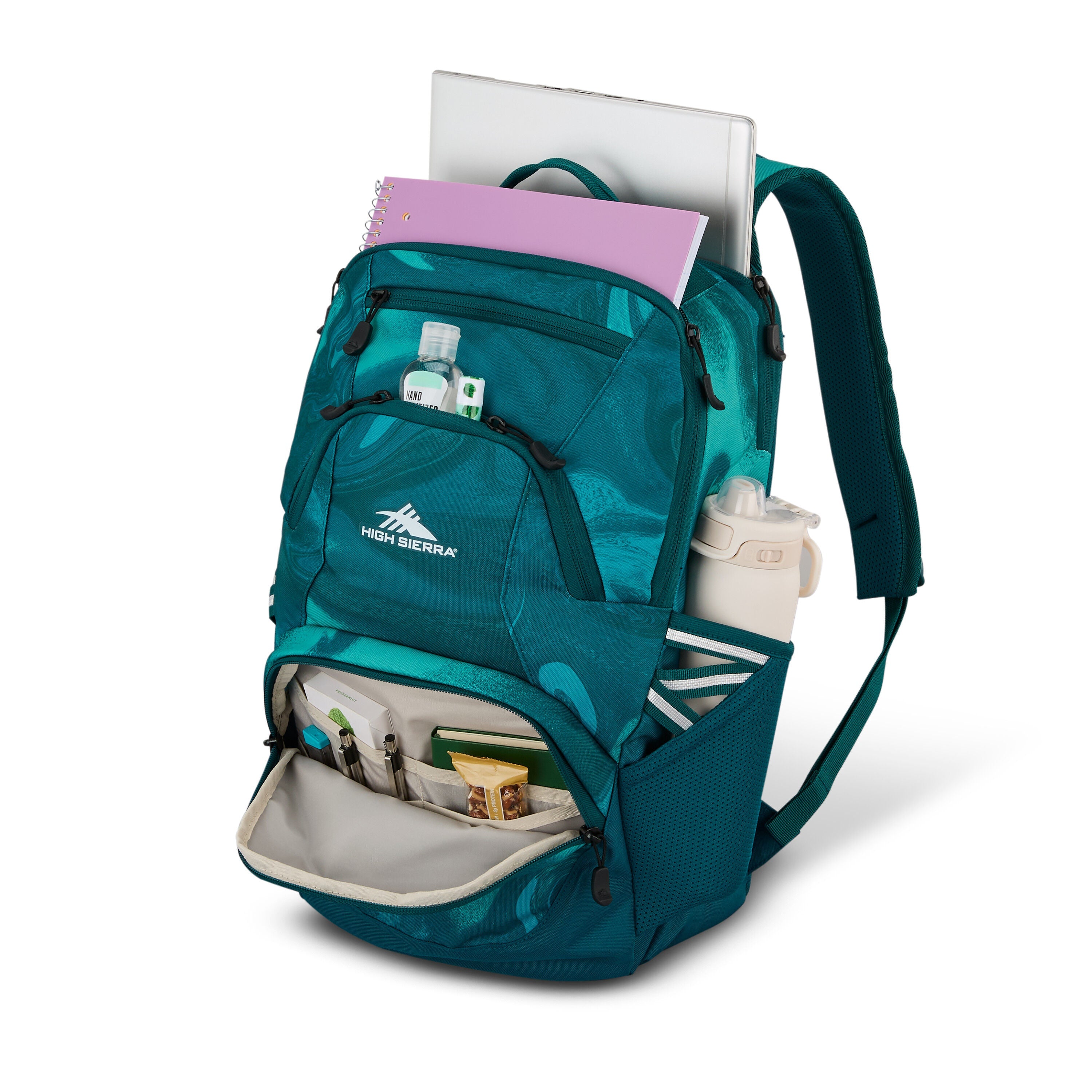High Sierra Swoop SG Backpack in Teal Marble Swirl — interior view # color_Teal Marble Swirl
