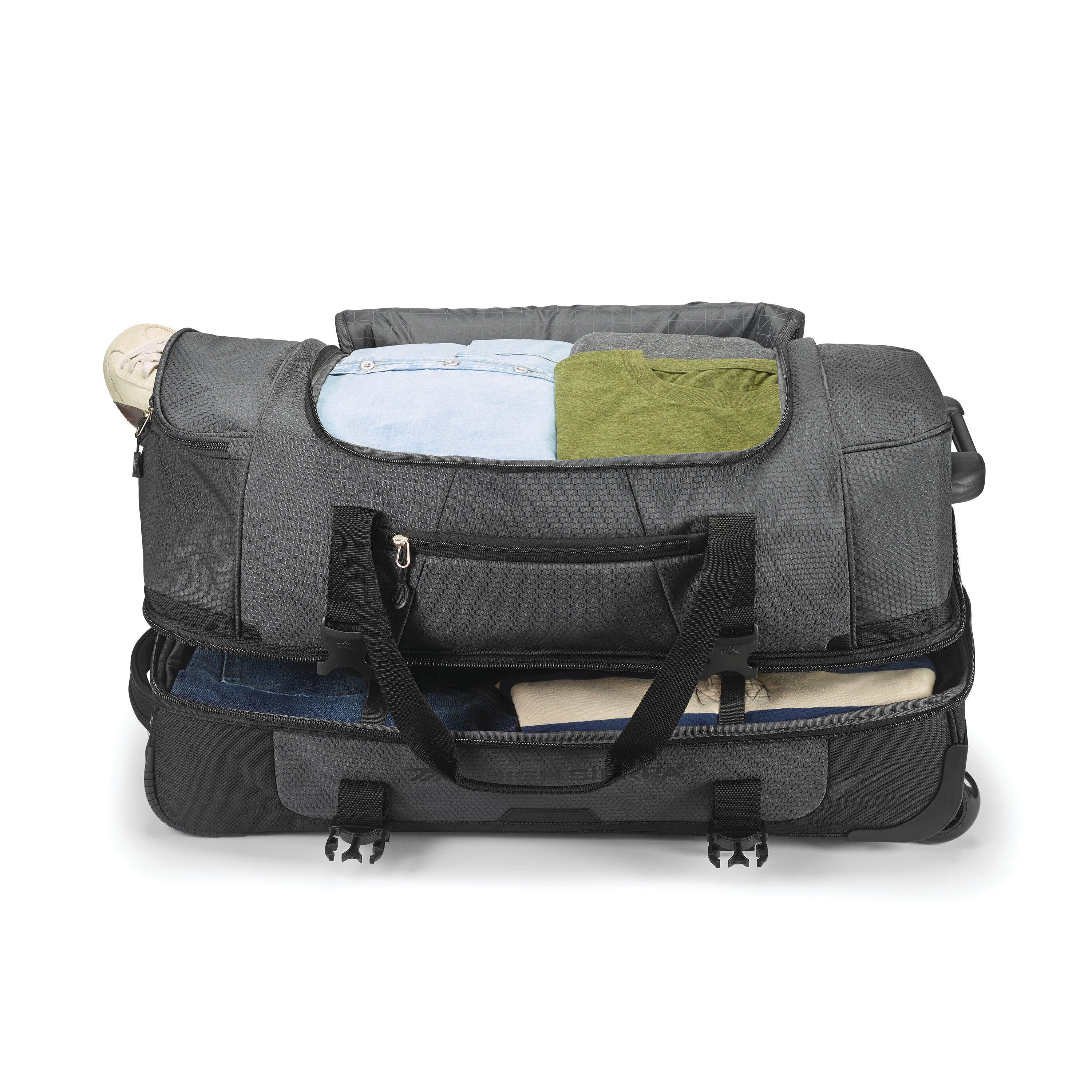 High Sierra Fairlead 22" Drop Bottom Wheeled Duffel in Mercury Black — interior view
