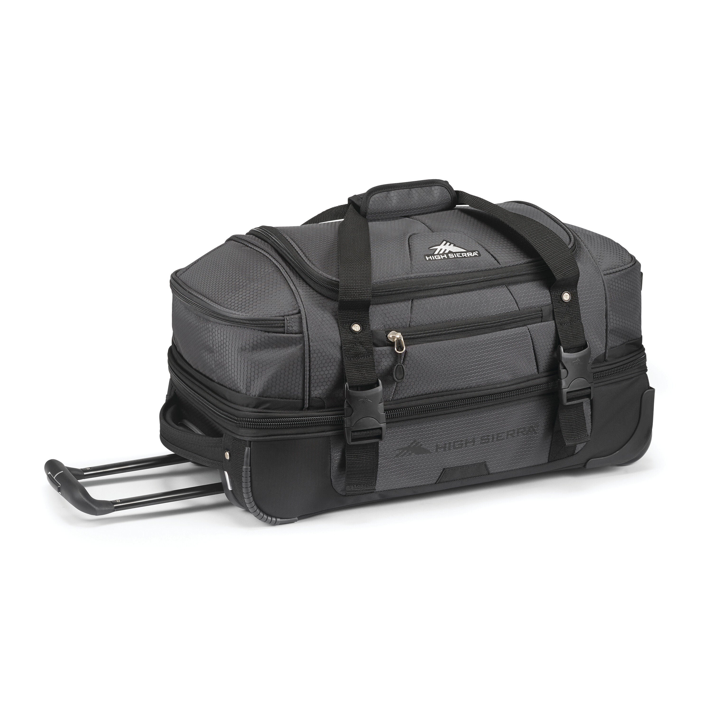 High Sierra Fairlead 22" Drop Bottom Wheeled Duffel in Mercury Black — front view