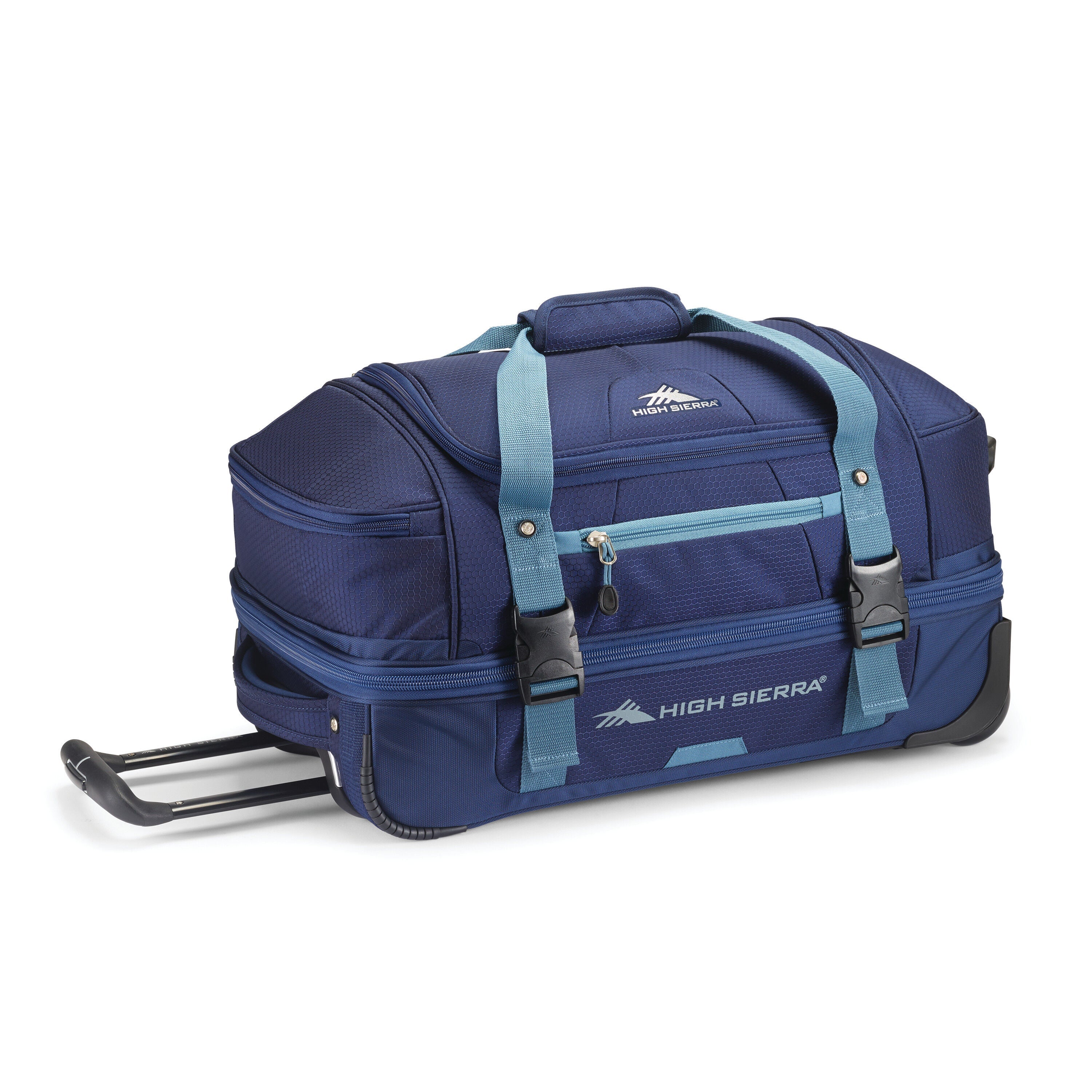 High Sierra Fairlead 22" Drop Bottom Wheeled Duffel in True Navy Graphite Blue — front view