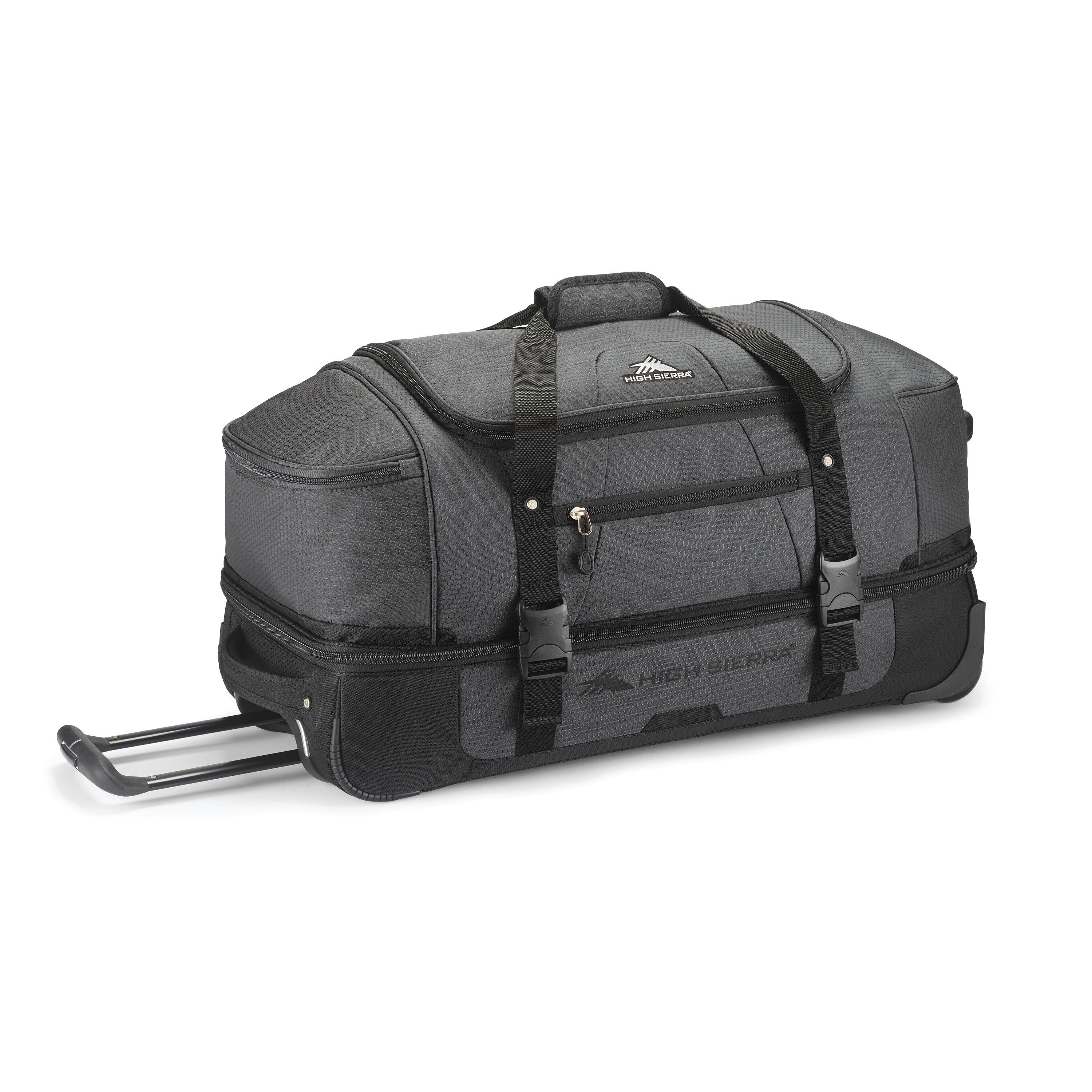 High Sierra Fairlead 28" Drop Bottom Wheeled Duffel in Mercury Black — front view