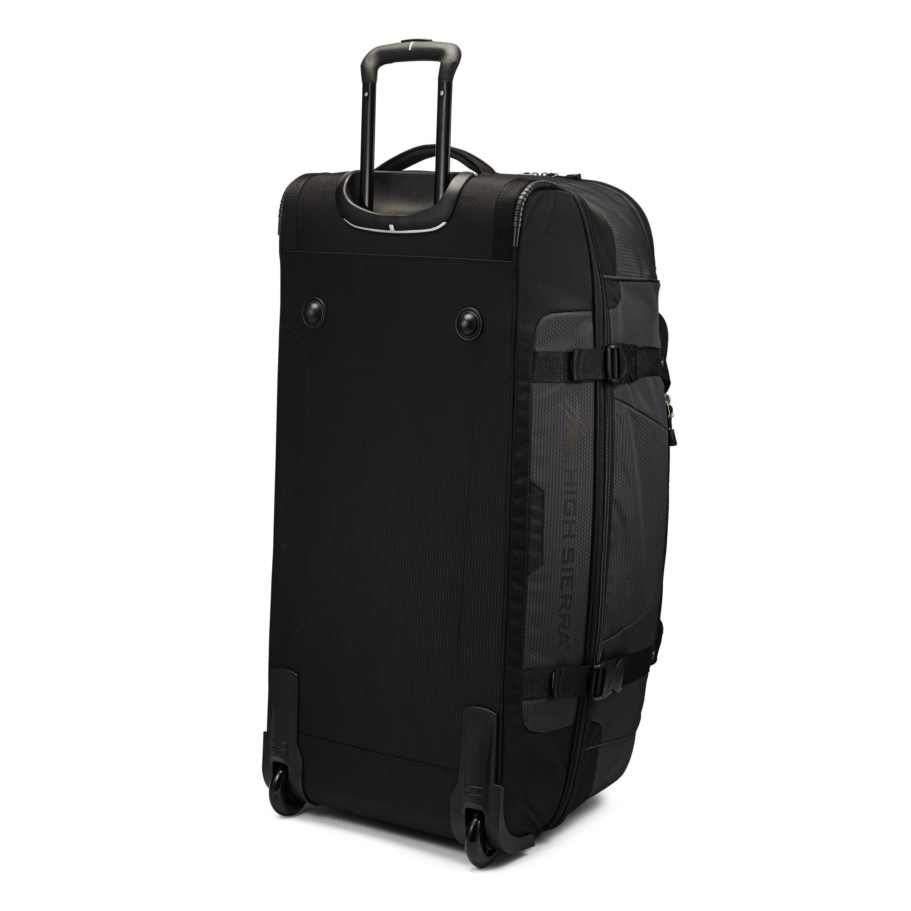 High Sierra Fairlead 34" Drop Bottom Wheeled Duffel in Mercury Black — back view