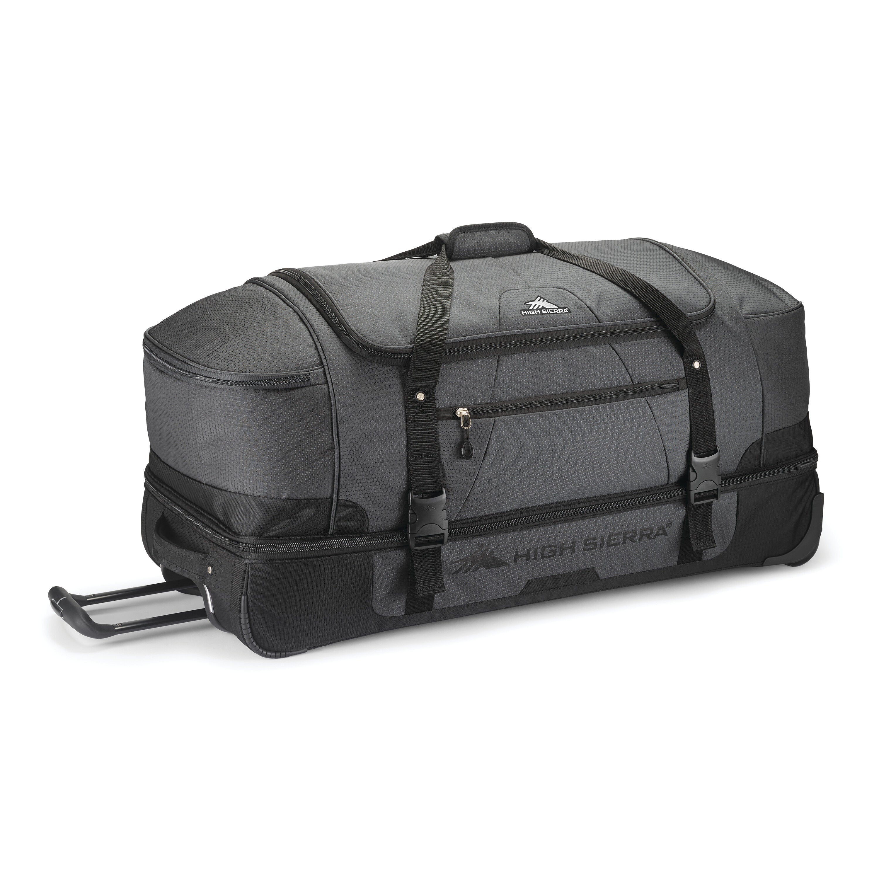 High Sierra Fairlead 34" Drop Bottom Wheeled Duffel in Mercury Black — front view