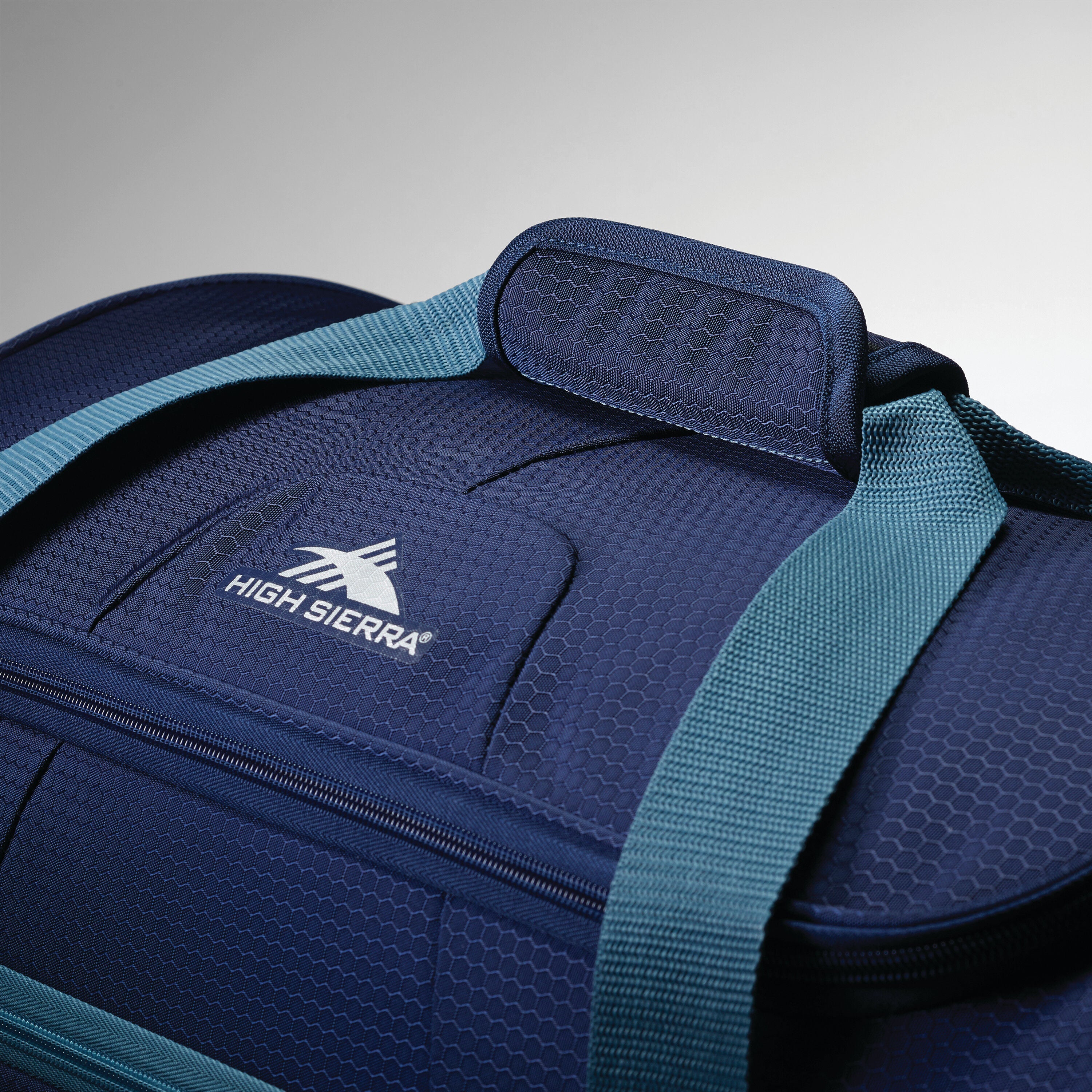 High Sierra Fairlead 34" Drop Bottom Wheeled Duffel in True Navy Graphite Blue — angle view 2