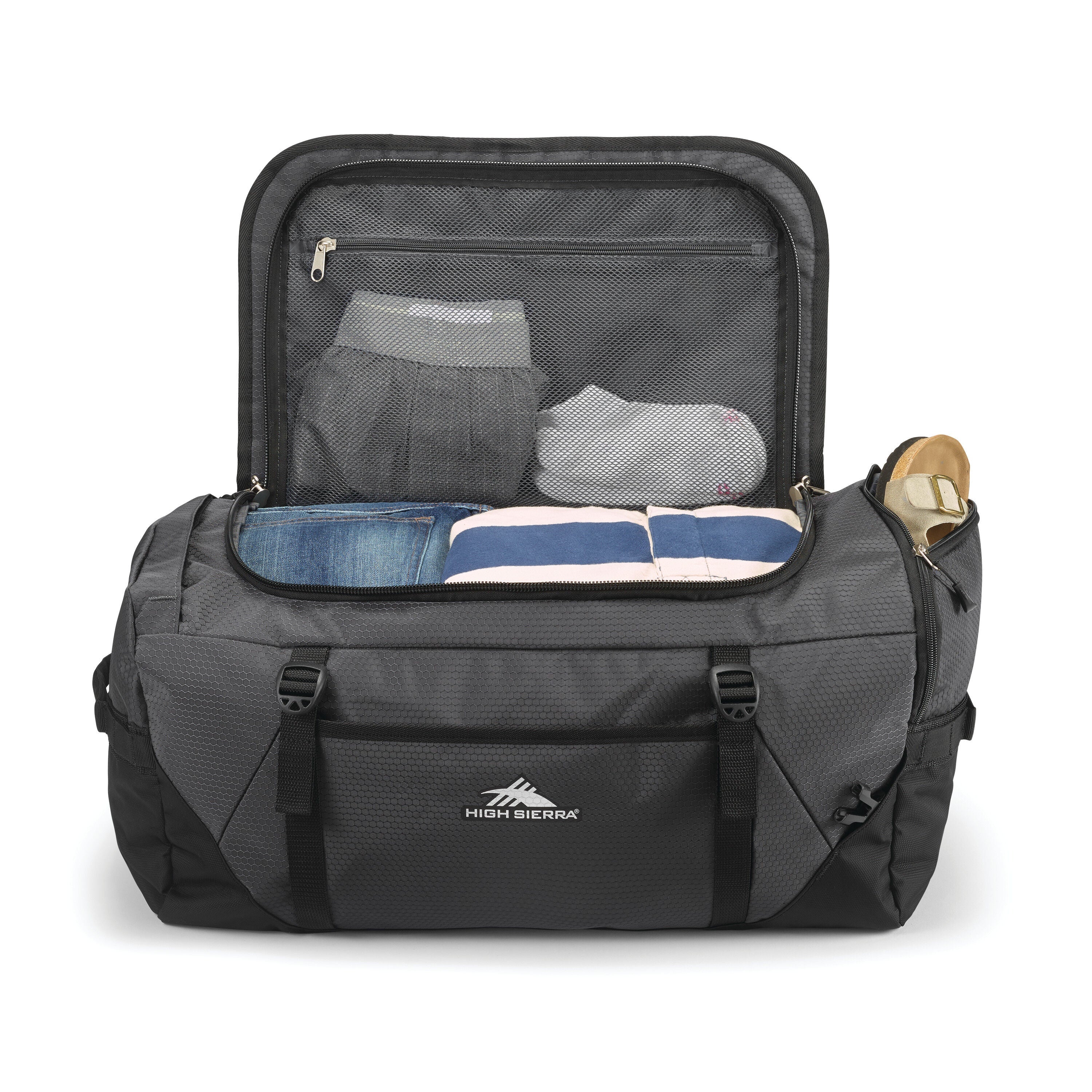 High Sierra Fairlead Travel Duffel Backpack in Mercury Black — interior view