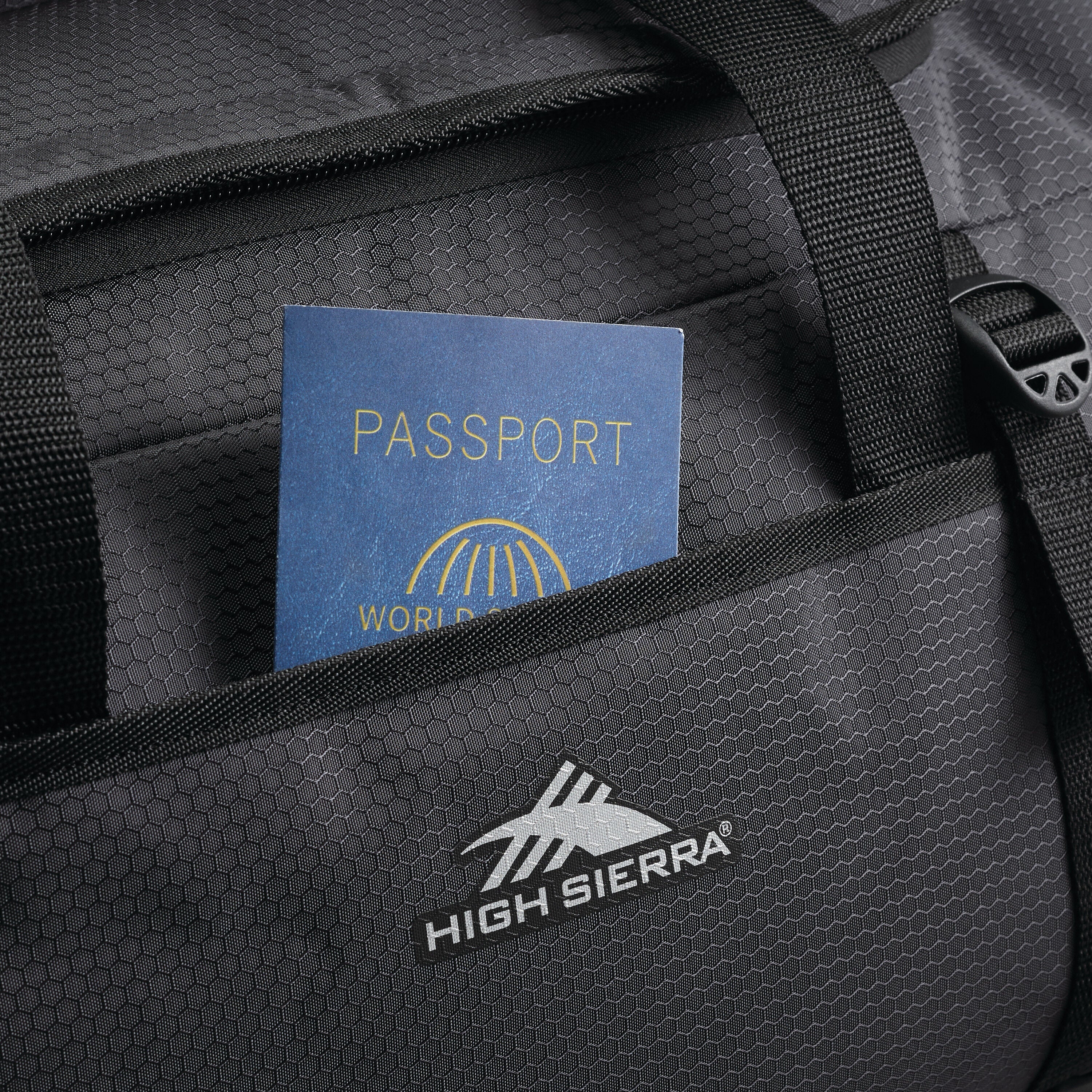 High Sierra Fairlead Travel Duffel Backpack in Mercury Black — angle view 2