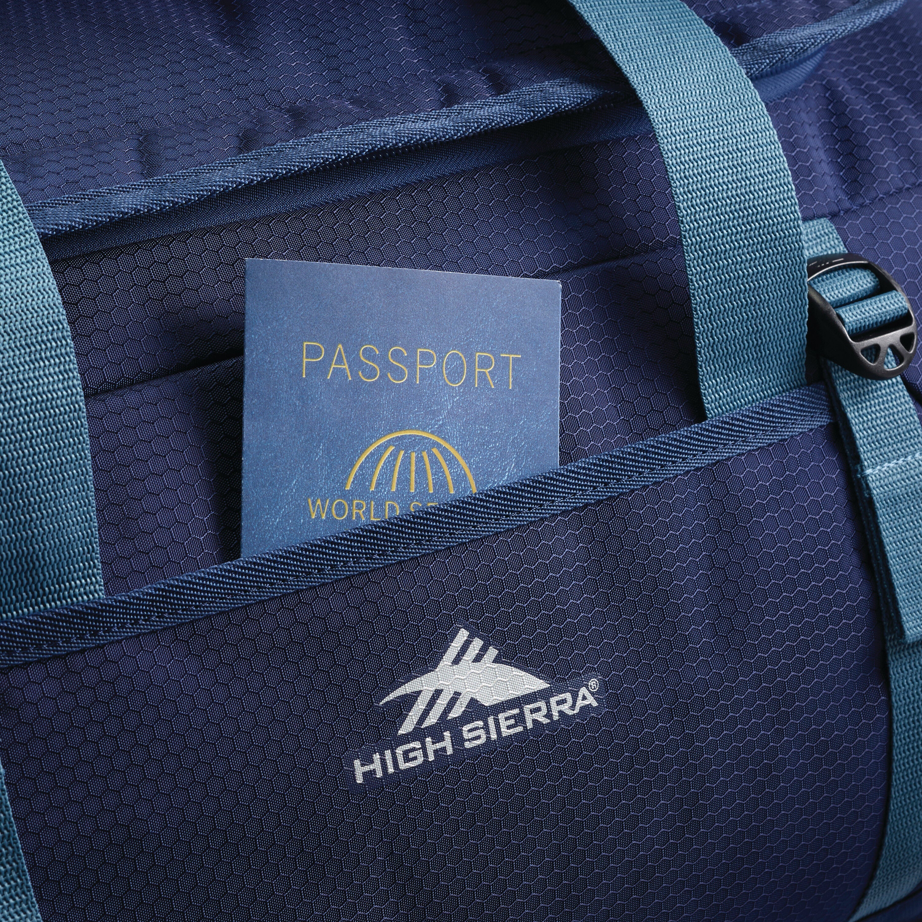 High Sierra Fairlead Travel Duffel Backpack in True Navy Graphite Blue — angle view 2
