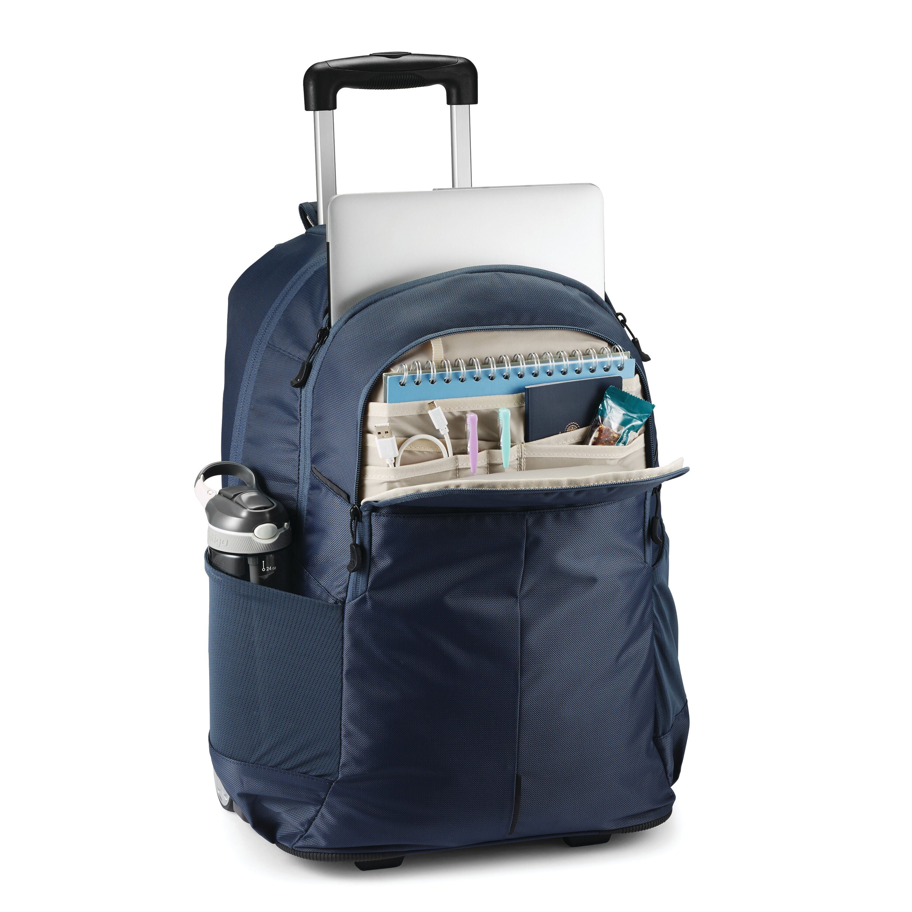 High Sierra Powerglide Pro Wheeled Backpack in Indigo Blue — interior view