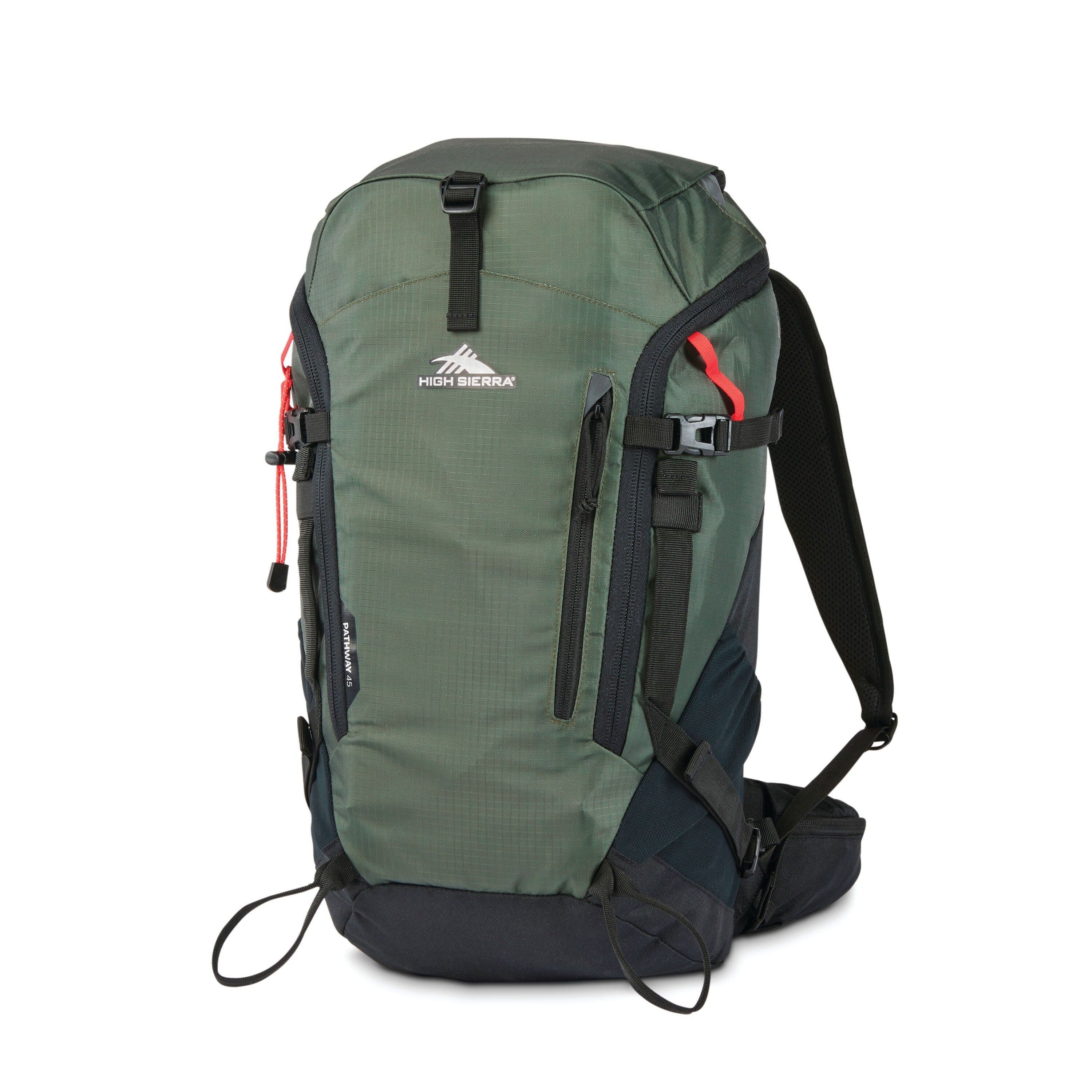 High Sierra Pathway 2.0 45L Backpack in Forest Green Black — front view
