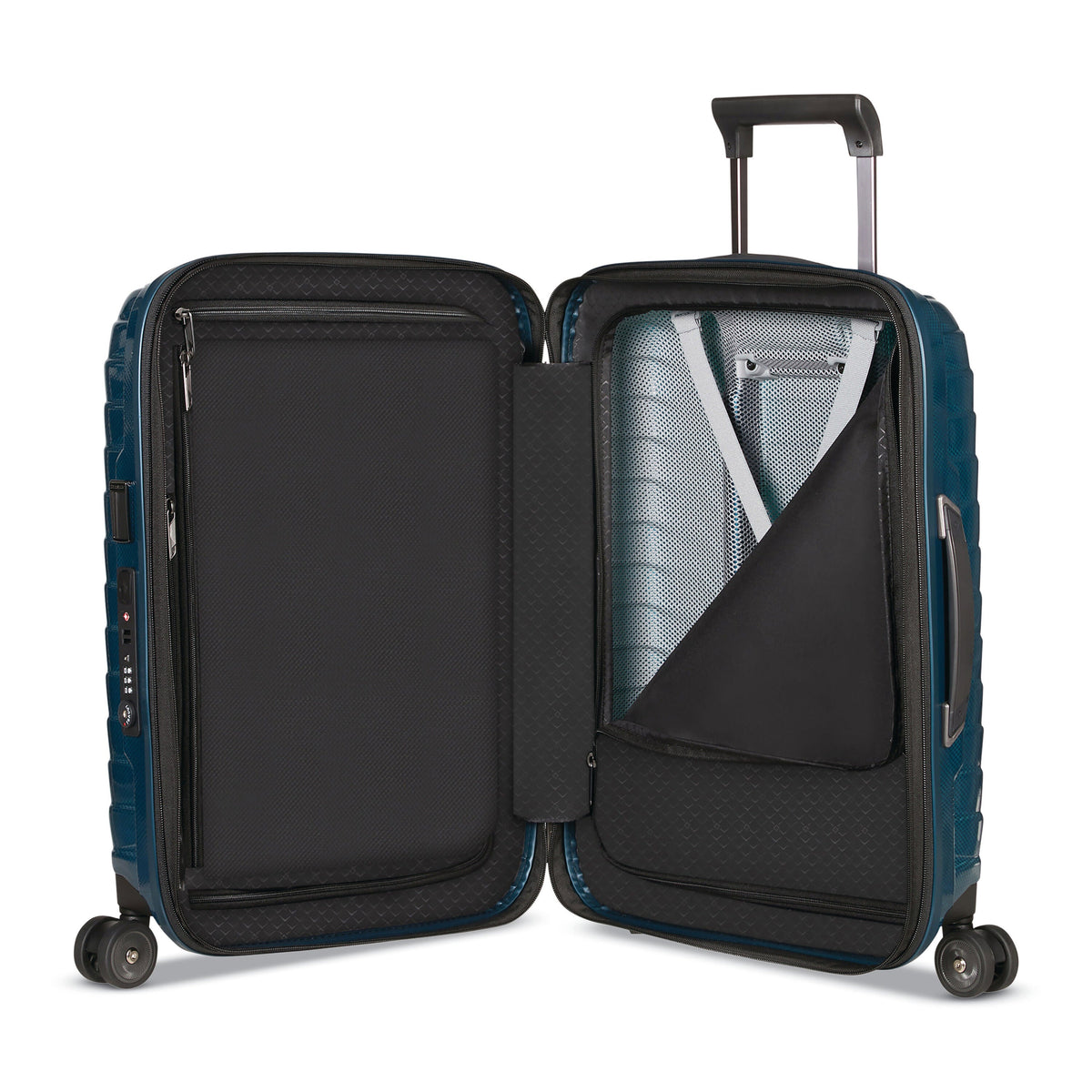 Samsonite Proxis Global Carry-On Spinner in Petrol Blue — interior view