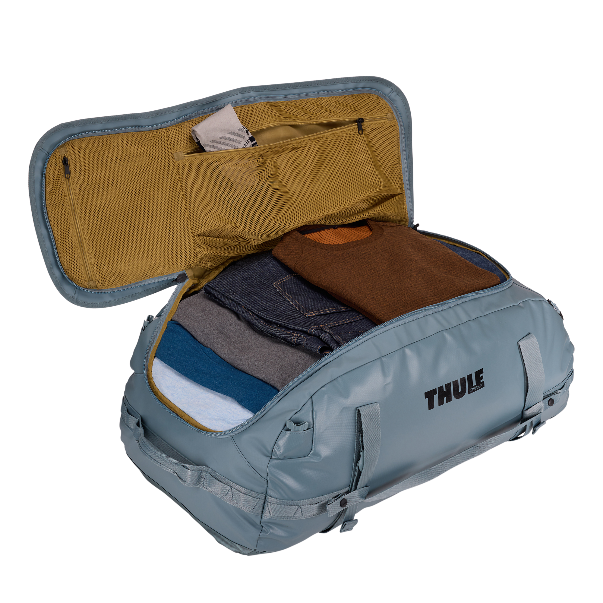 Thule Chasm 90L Duffel in Pond Gray — interior view # color_Pond Gray