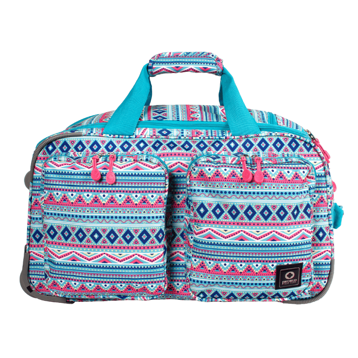 J World Duane Rolling Duffel Bag in Mint Tribal — front view # color_Mint Tribal