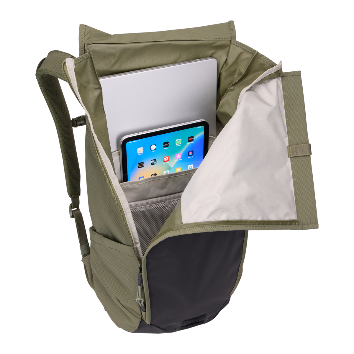 Thule Paramount Bike Commute Backpack 20L in Soft Green — interior view
