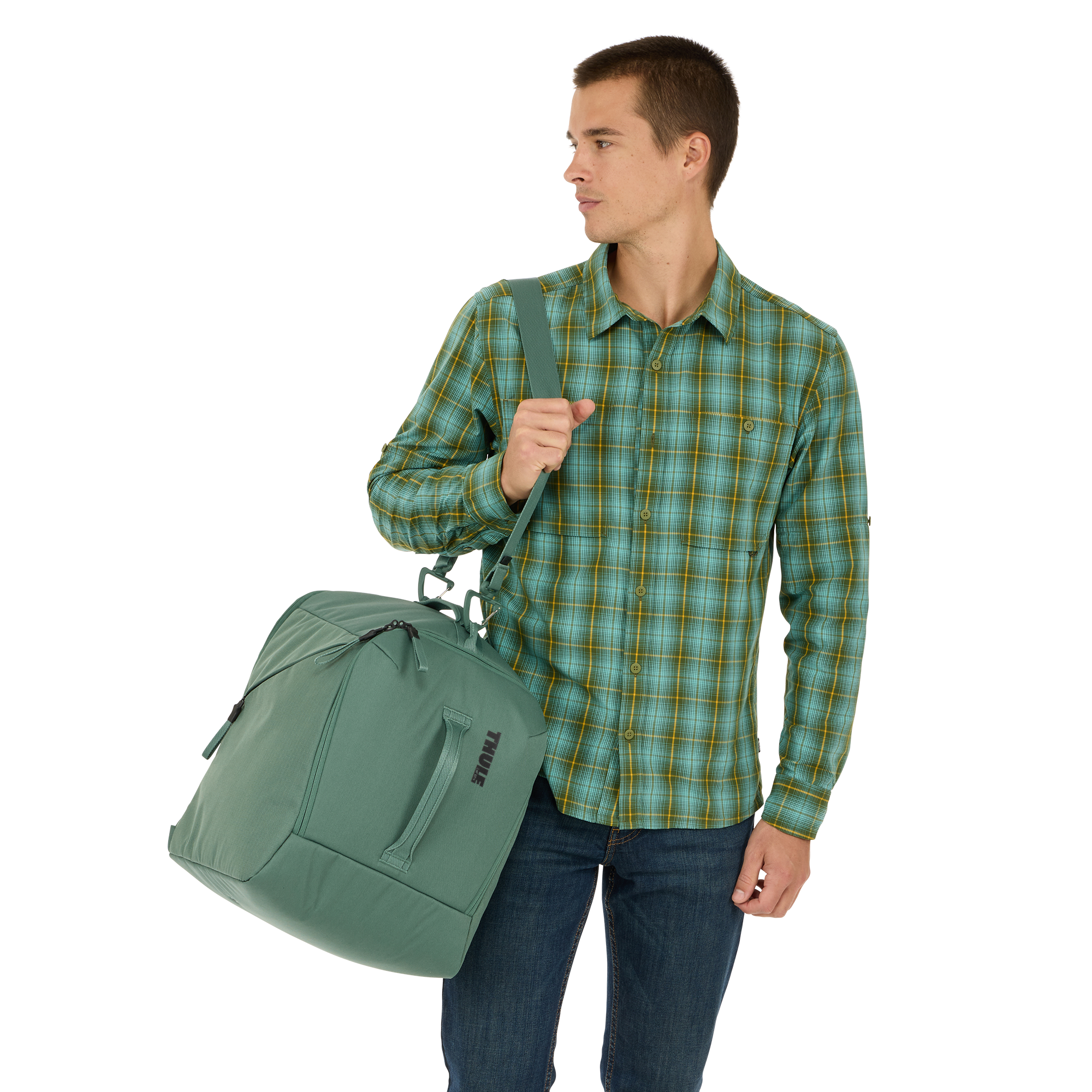 Thule RoundTrip Boot Bag 35L in Hazy Green — lifestyle # color_Hazy Green