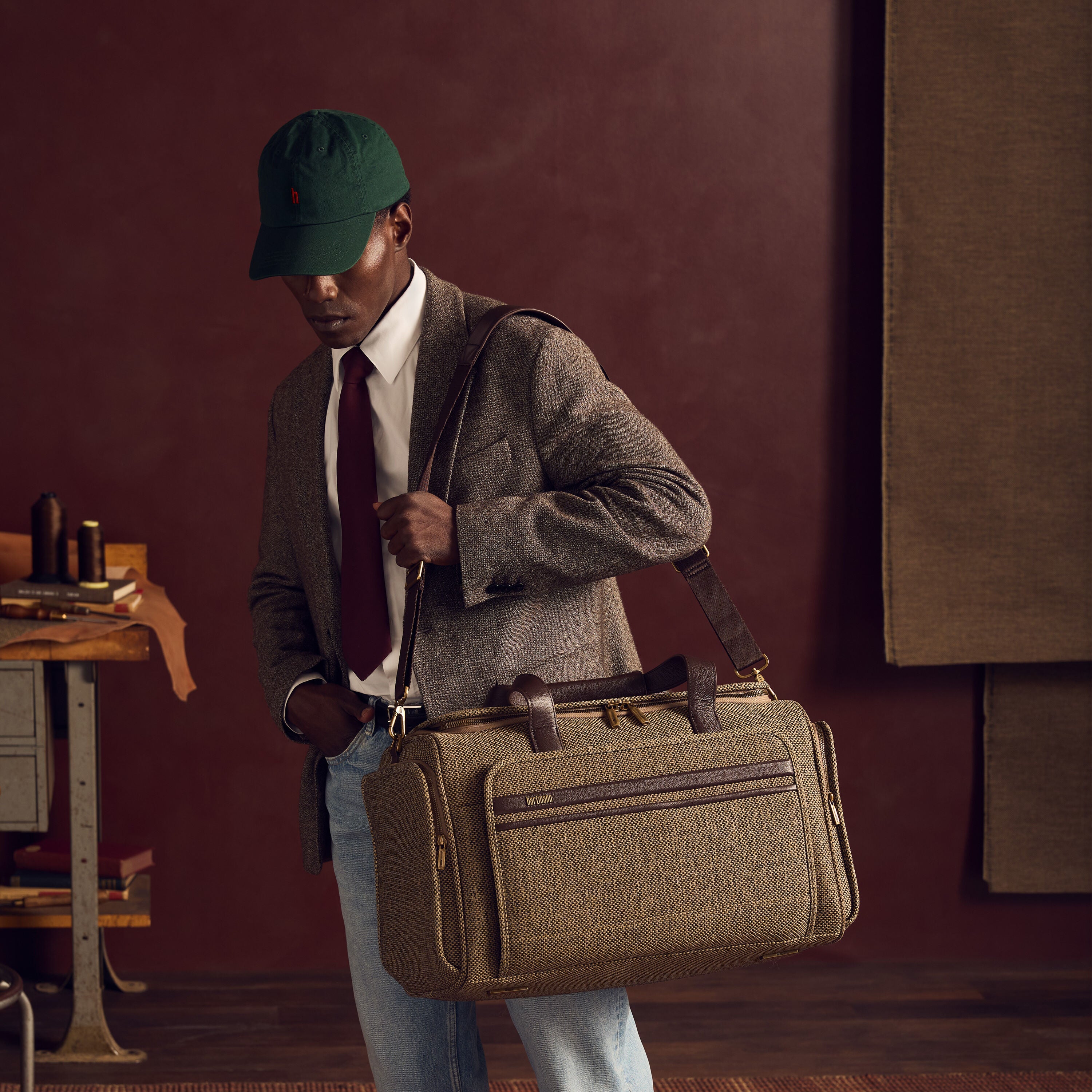 Hartmann Tweed Travel Duffel in Tweed/Natural Leather — angle view 1
