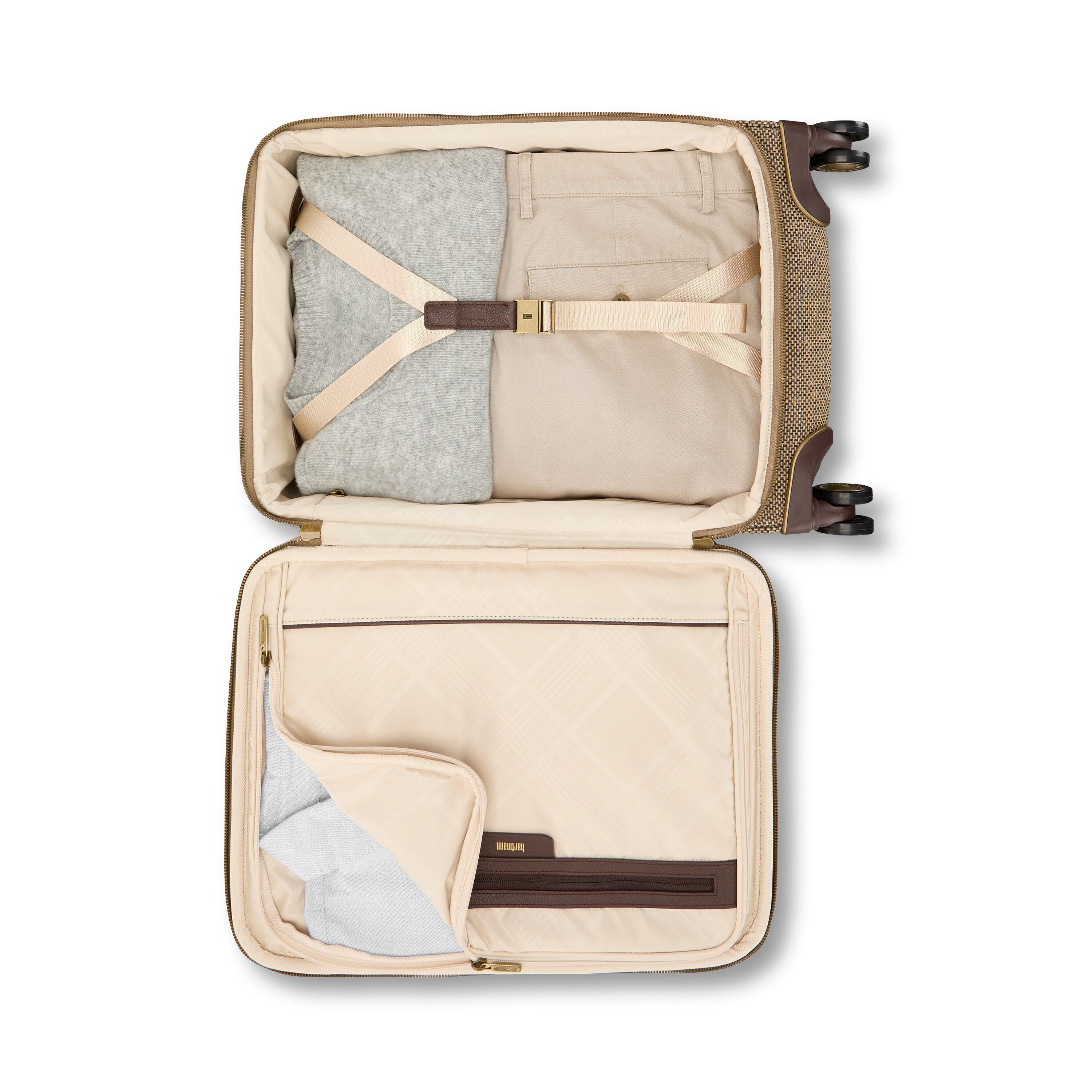Hartmann Tweed Global Carry-On Spinner in Tweed/Natural Leather — interior view