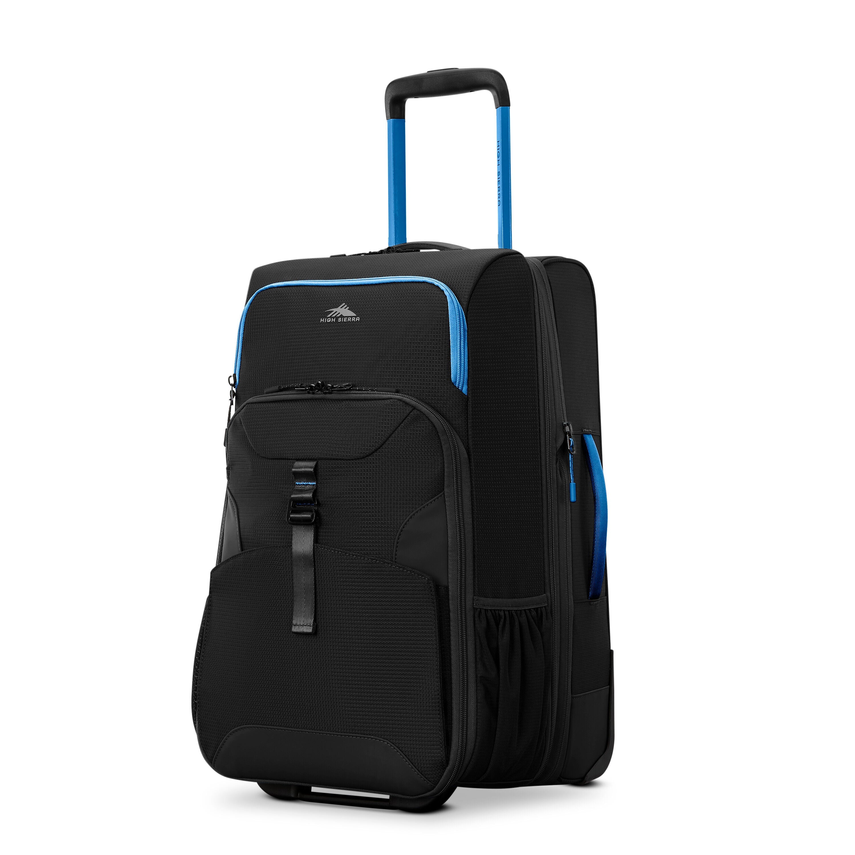 High Sierra Hi-Life Carry-On Wheeled Duffel in Black Blue — front view