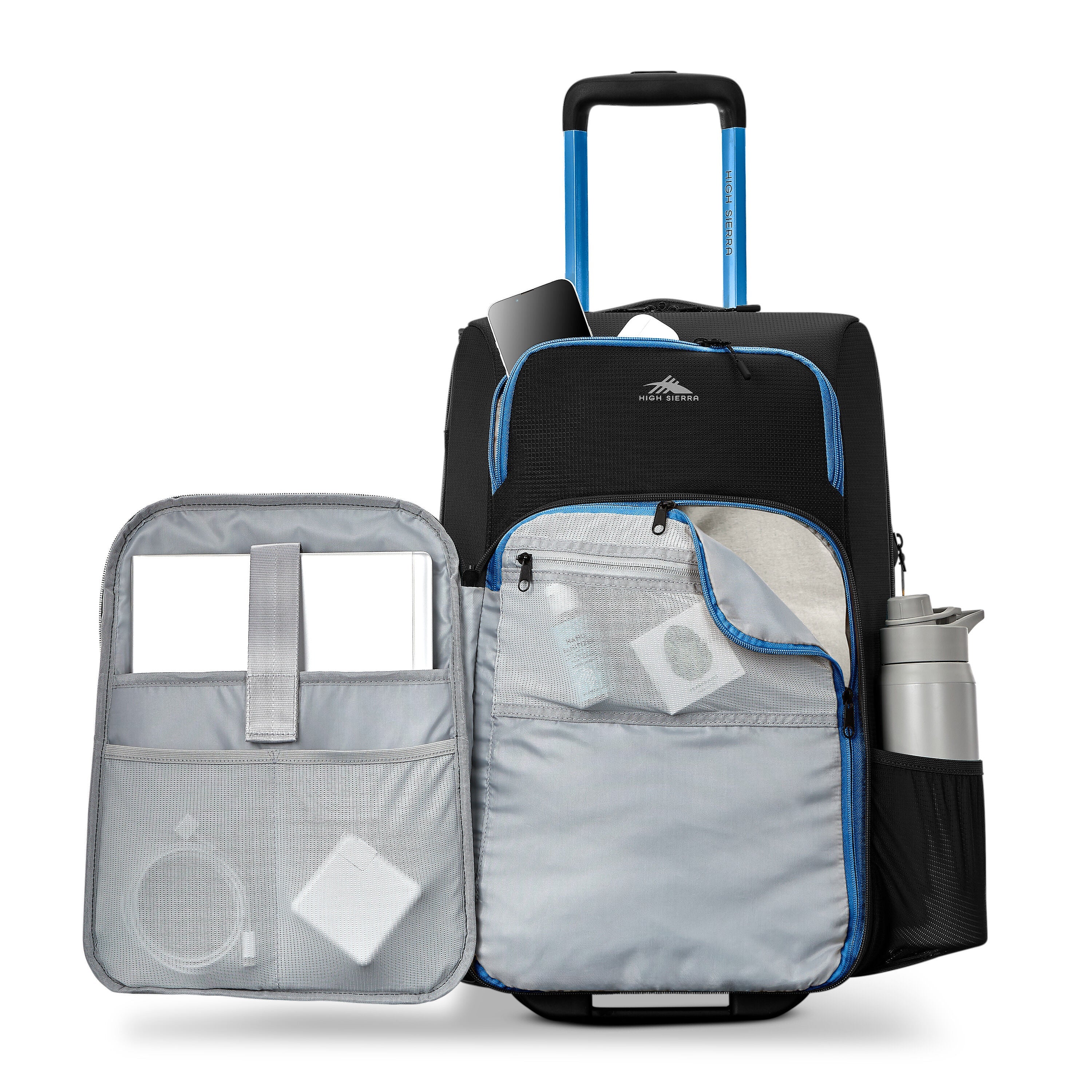 High Sierra Hi-Life Carry-On Wheeled Duffel in Black Blue — angle view 1