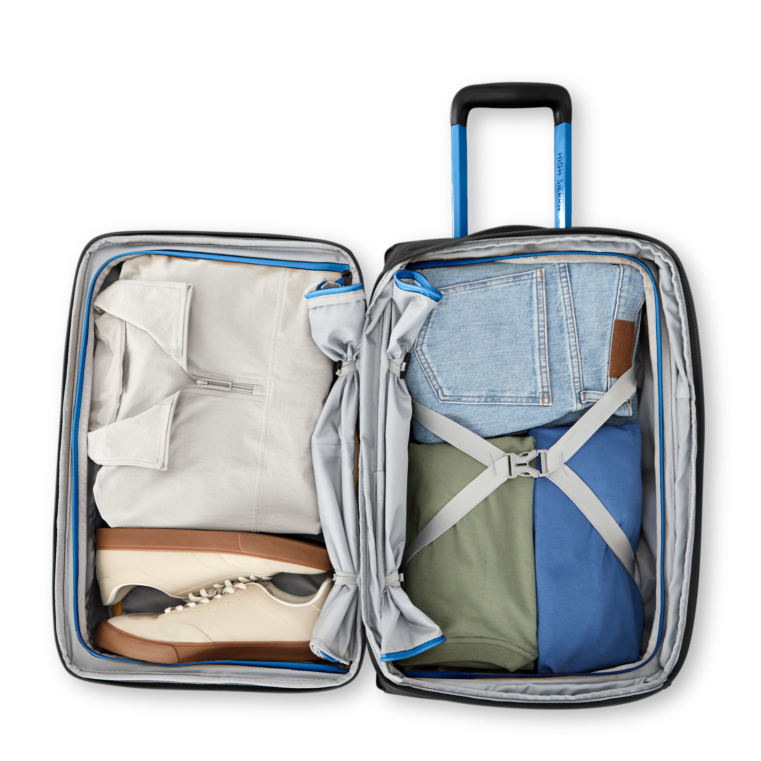 High Sierra Hi-Life Carry-On Wheeled Duffel in Black Blue — interior view