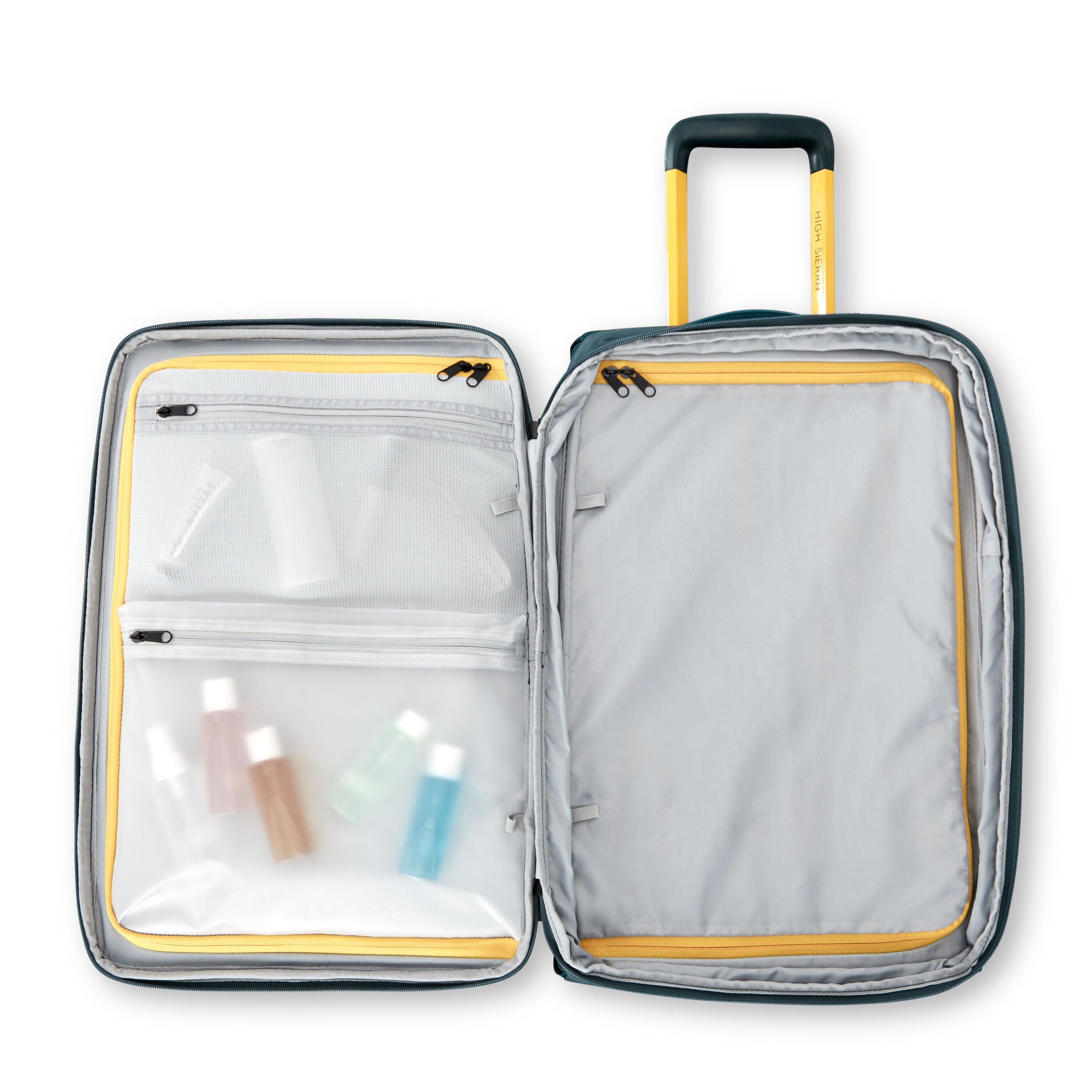 High Sierra Hi-Life Carry-On Wheeled Duffel in Green Yellow — interior view
