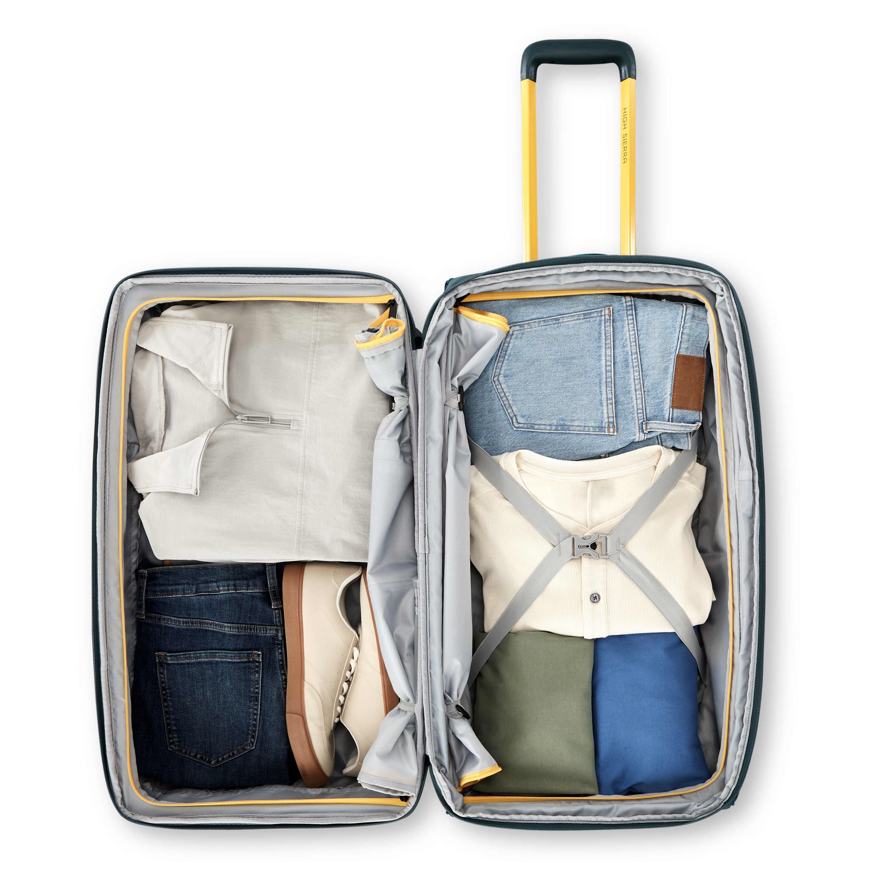 High Sierra Hi-Life Medium Wheeled Duffel in Green Yellow — interior view