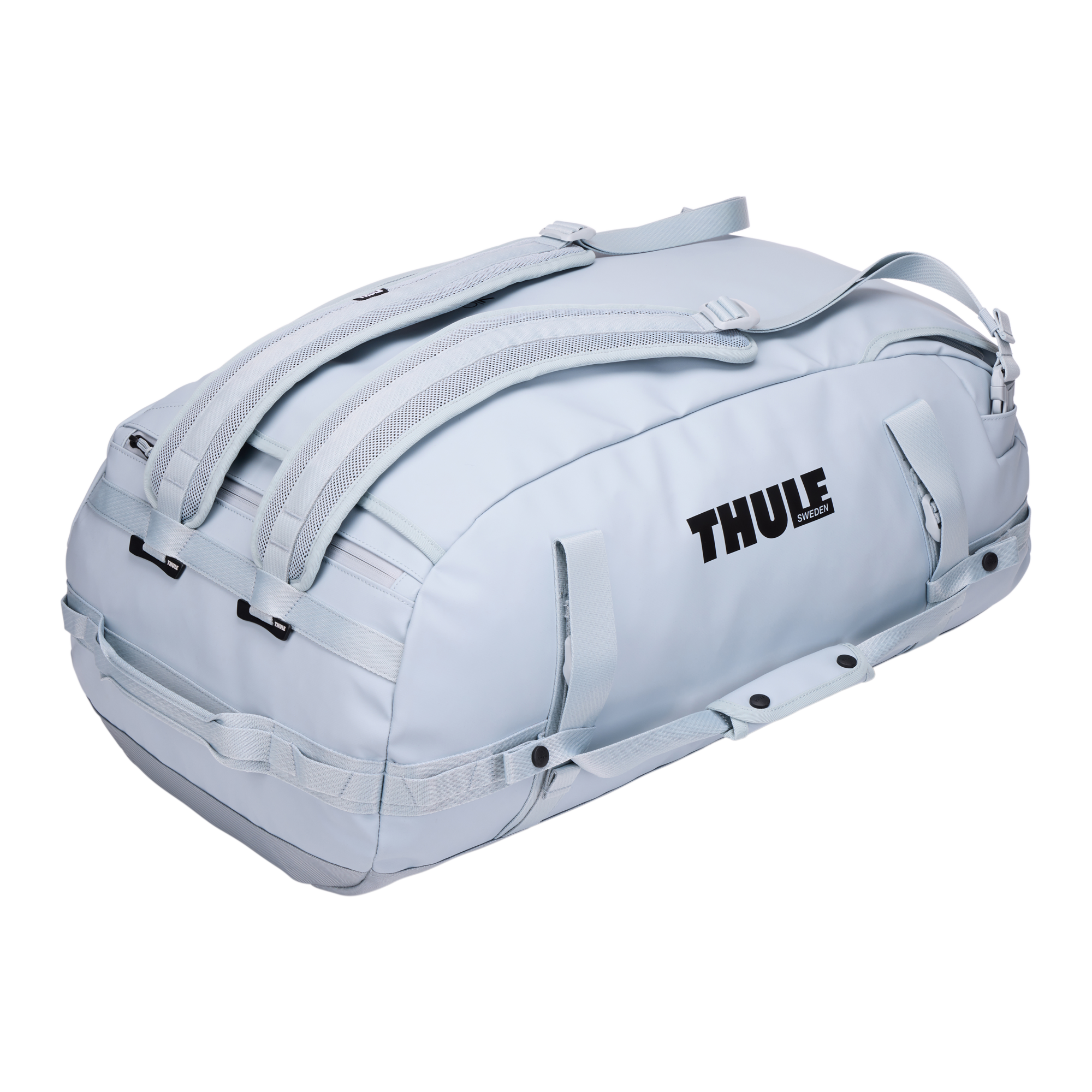 Thule Chasm 70L Duffel in Soft Blue — angle view 2 # color_Soft Blue
