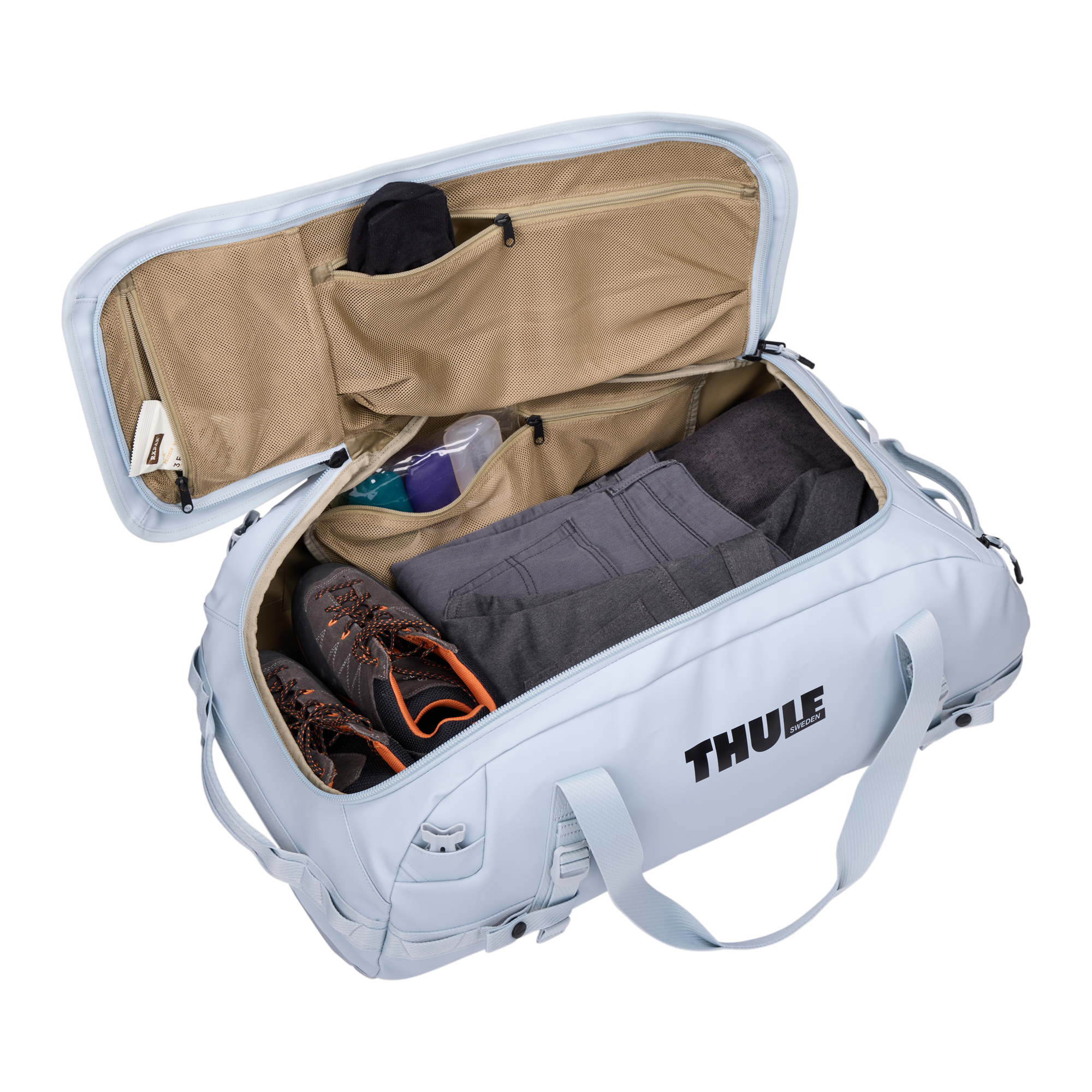 Thule Chasm 70L Duffel in Soft Blue — interior view # color_Soft Blue