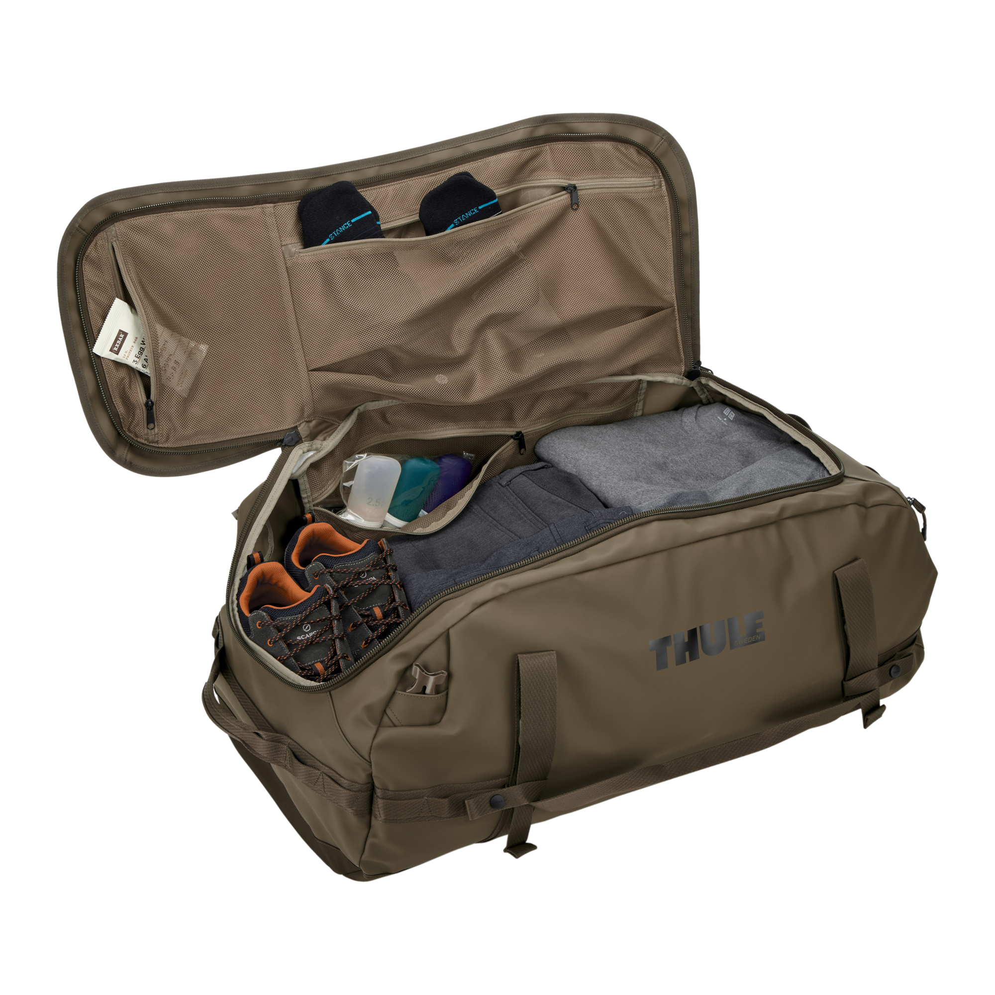 Thule Chasm 90L Duffel in Deep Khaki — interior view # color_Deep Khaki