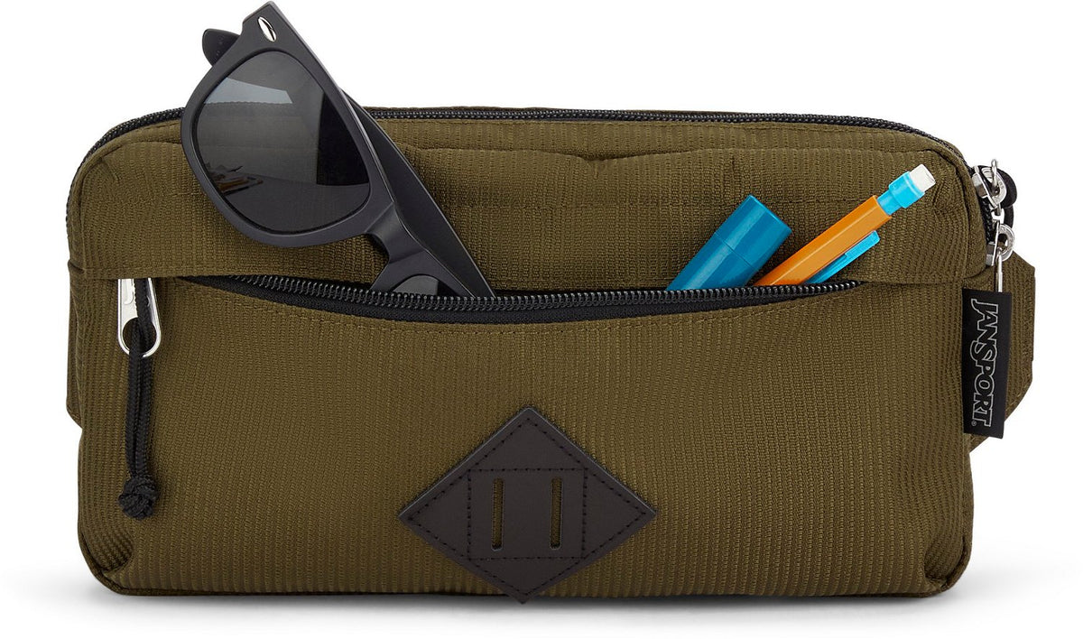 JanSport Waisted Fanny Pack in Cord Weave Army Green — lifestyle