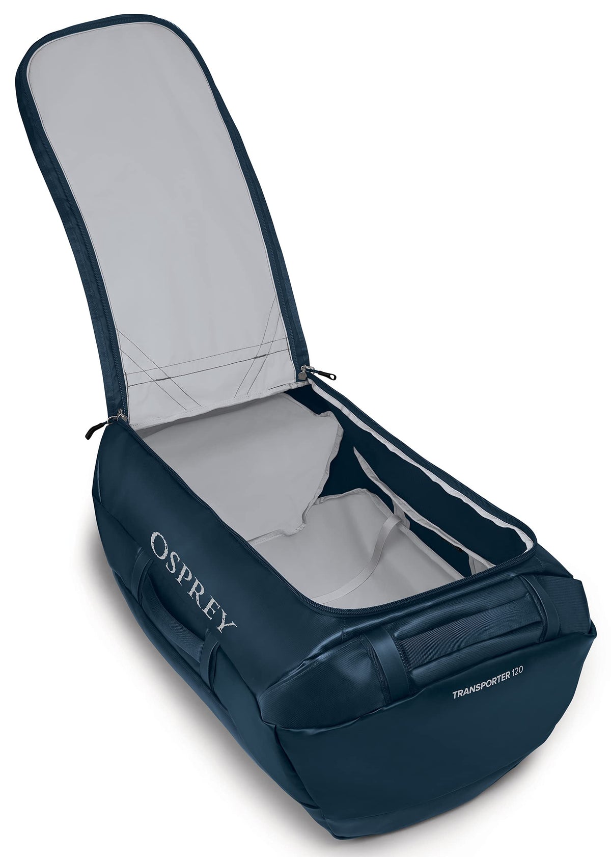 Osprey Transporter 120L Expedition Duffel Bag in Venturi Blue — interior view