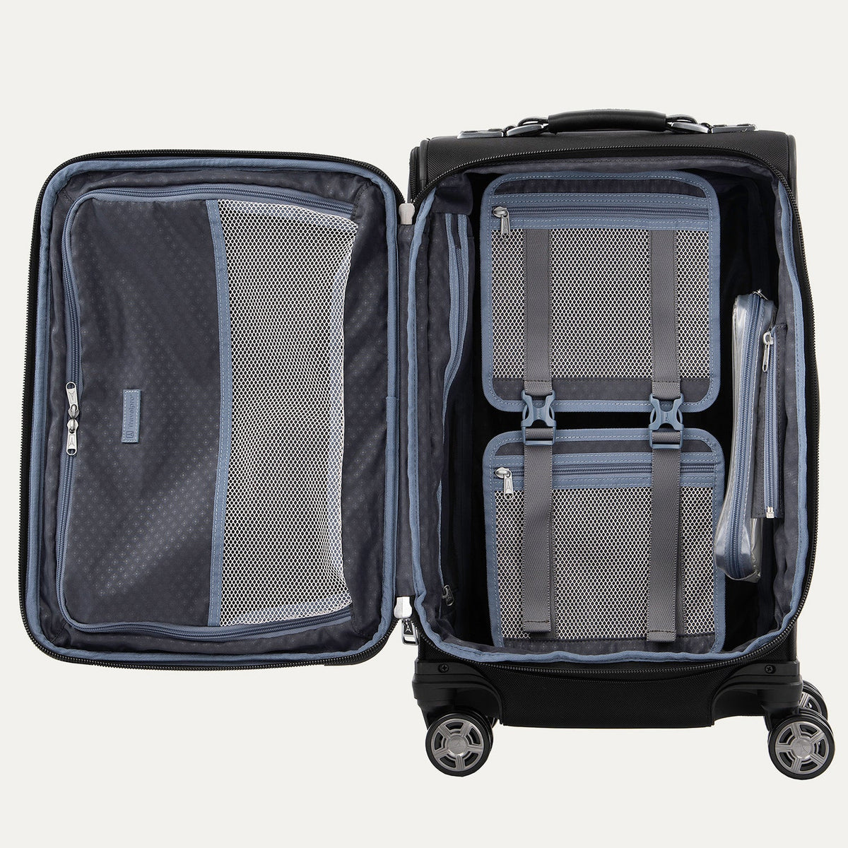 Travelpro Platinum Elite 21” Expandable Carry-On Spinner in Shadow Black — interior view