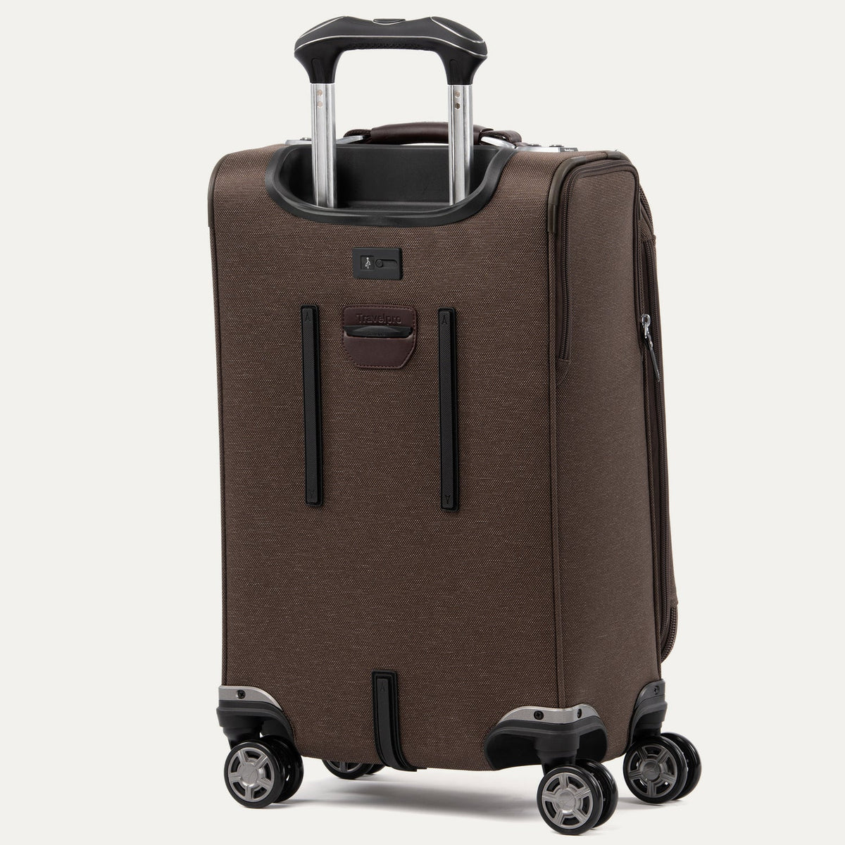 Travelpro Platinum Elite 21” Expandable Carry-On Spinner in Rich Espresso — back view